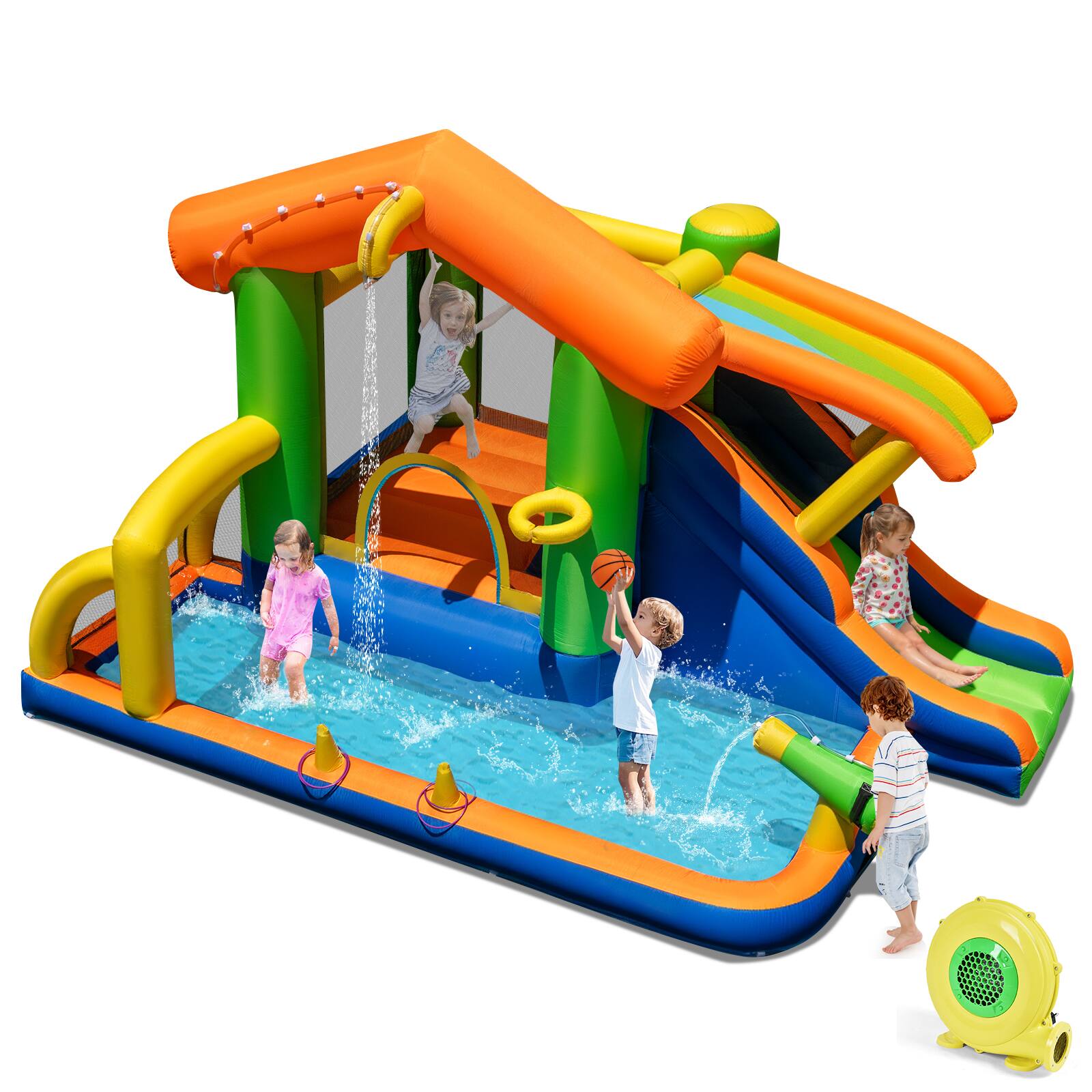 Alt View 8. Costway - Costway 8-in-1 Multifunctional Water Park with Slide With Climbing Wall Water Cannon with 480W Blower - Multicolor.