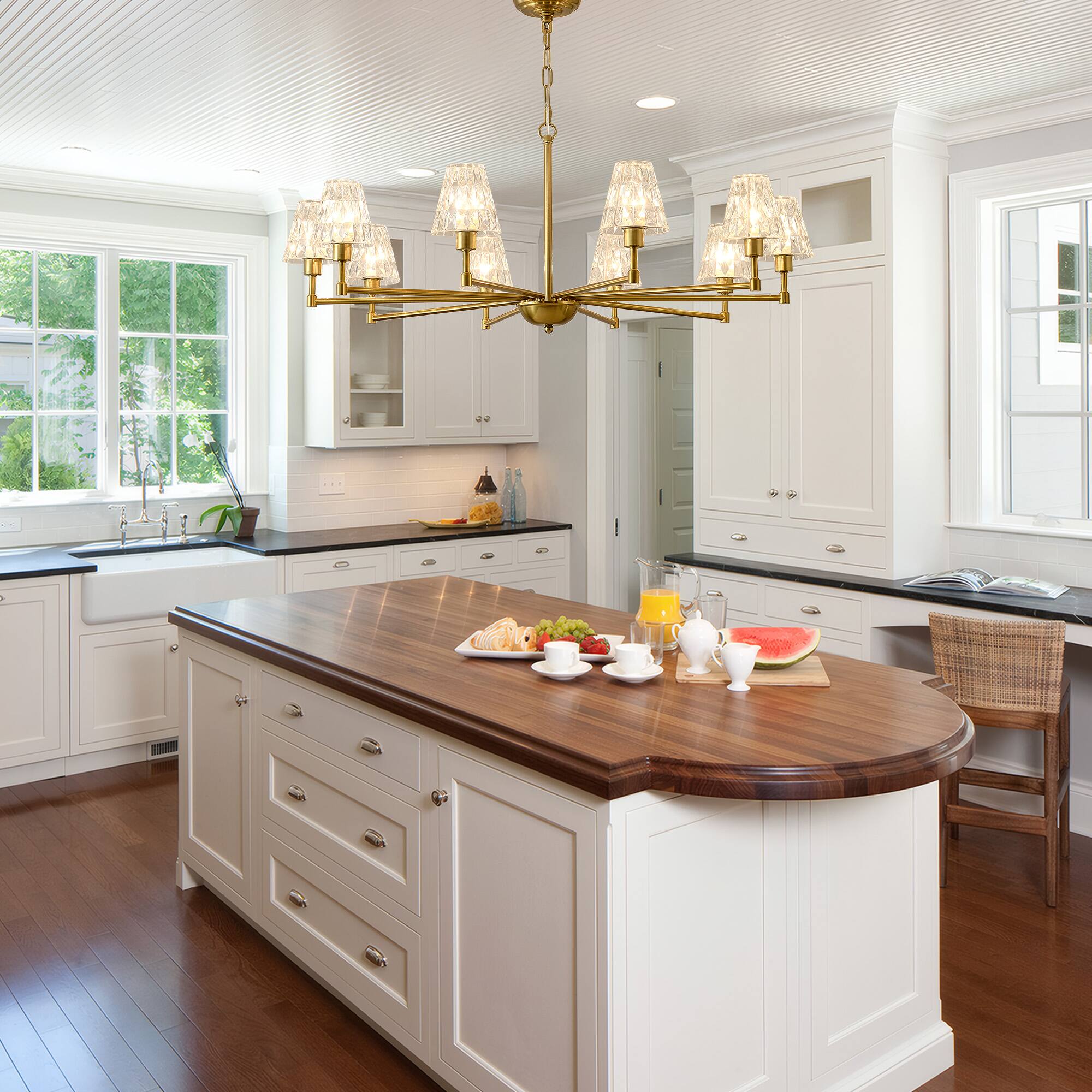 Back. RYHNUYNE - Mid-Century 10-Light Chandelier,Brushed Gold Pendant Chandelier,Modern Farmhouse Chandeliers for Dining Room Kitchen - Gold.