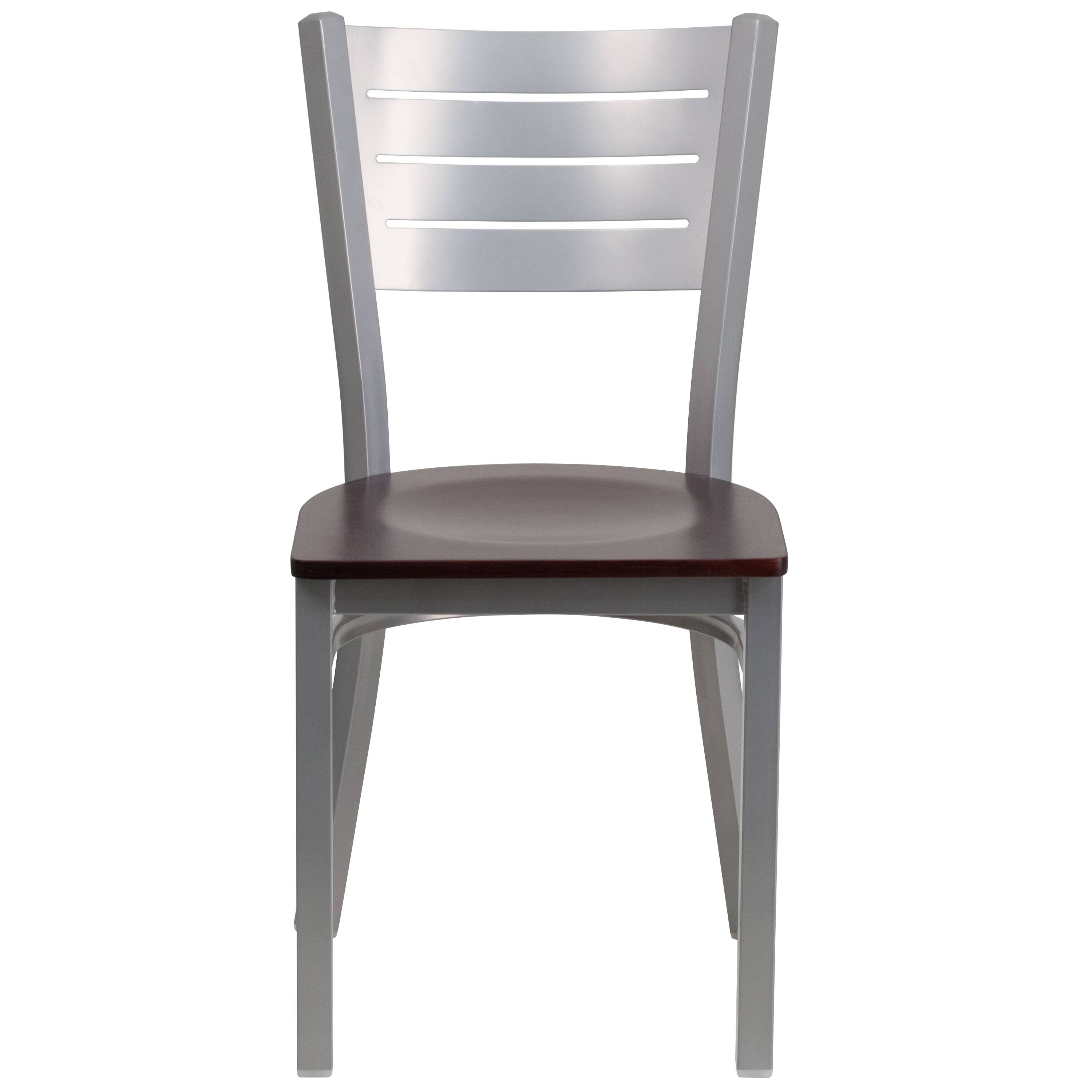 Alt View 6. Emma + Oliver - 2 Pack Silver Slat Back Metal Restaurant Chair - Mahogany Wood Seat/Silver Frame.