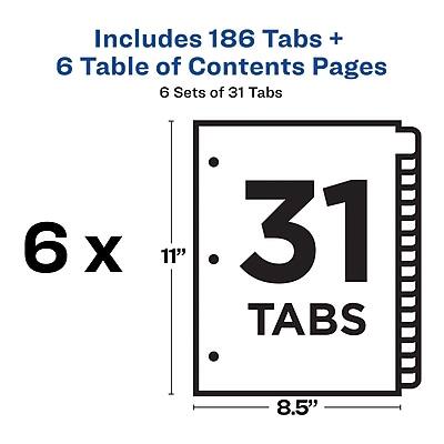 Includes 186 Tabs + 6 Table of Contents Pages  
6 Sets of 31 Tabs  
6 x 11"  
31 Tabs  
8.5"