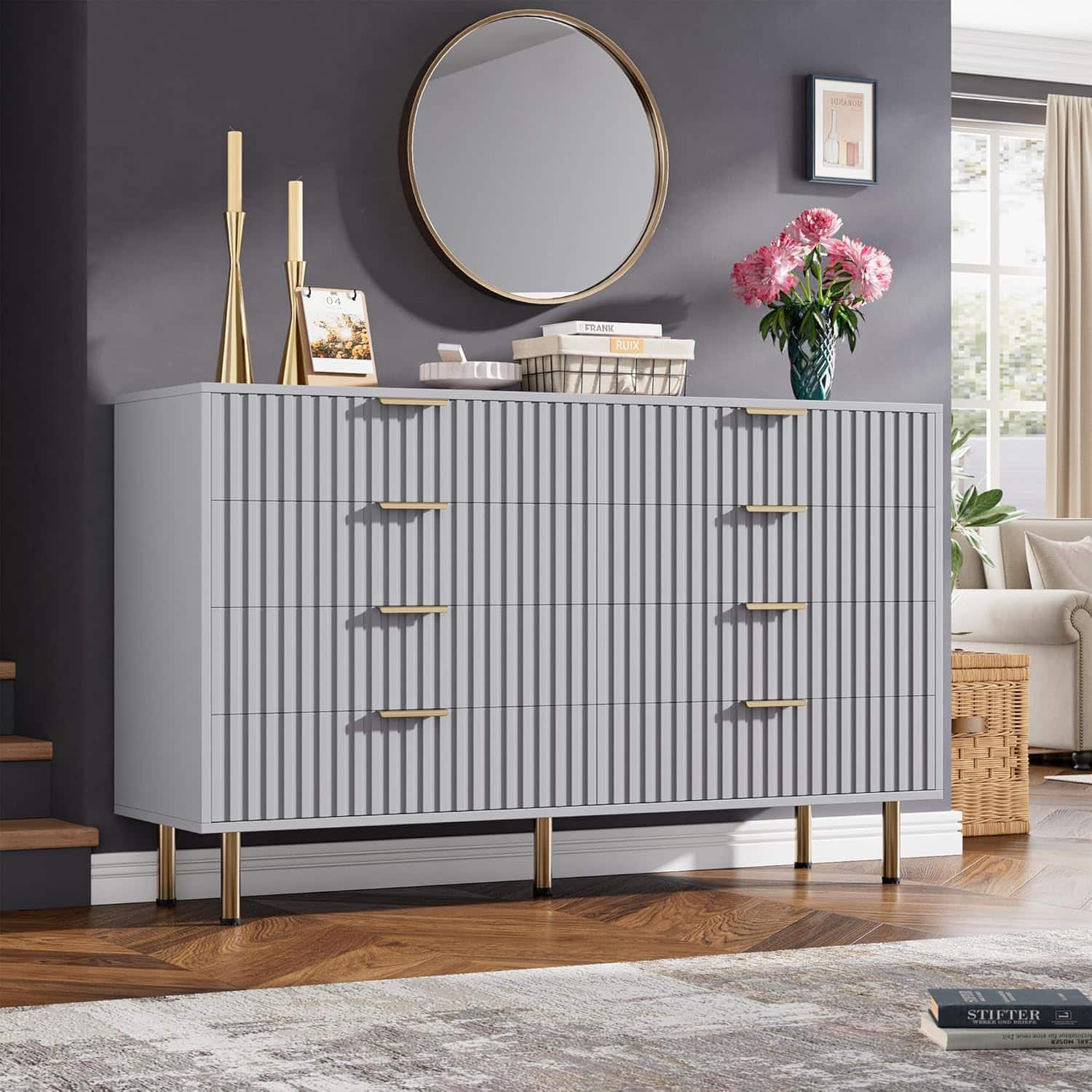 GARVEE - Fluted 8 Drawer Dresser, 54" Wide Modern Chest with Deep Drawers, Double Dresser TV Stand for Living Room, Bedroom - Gray