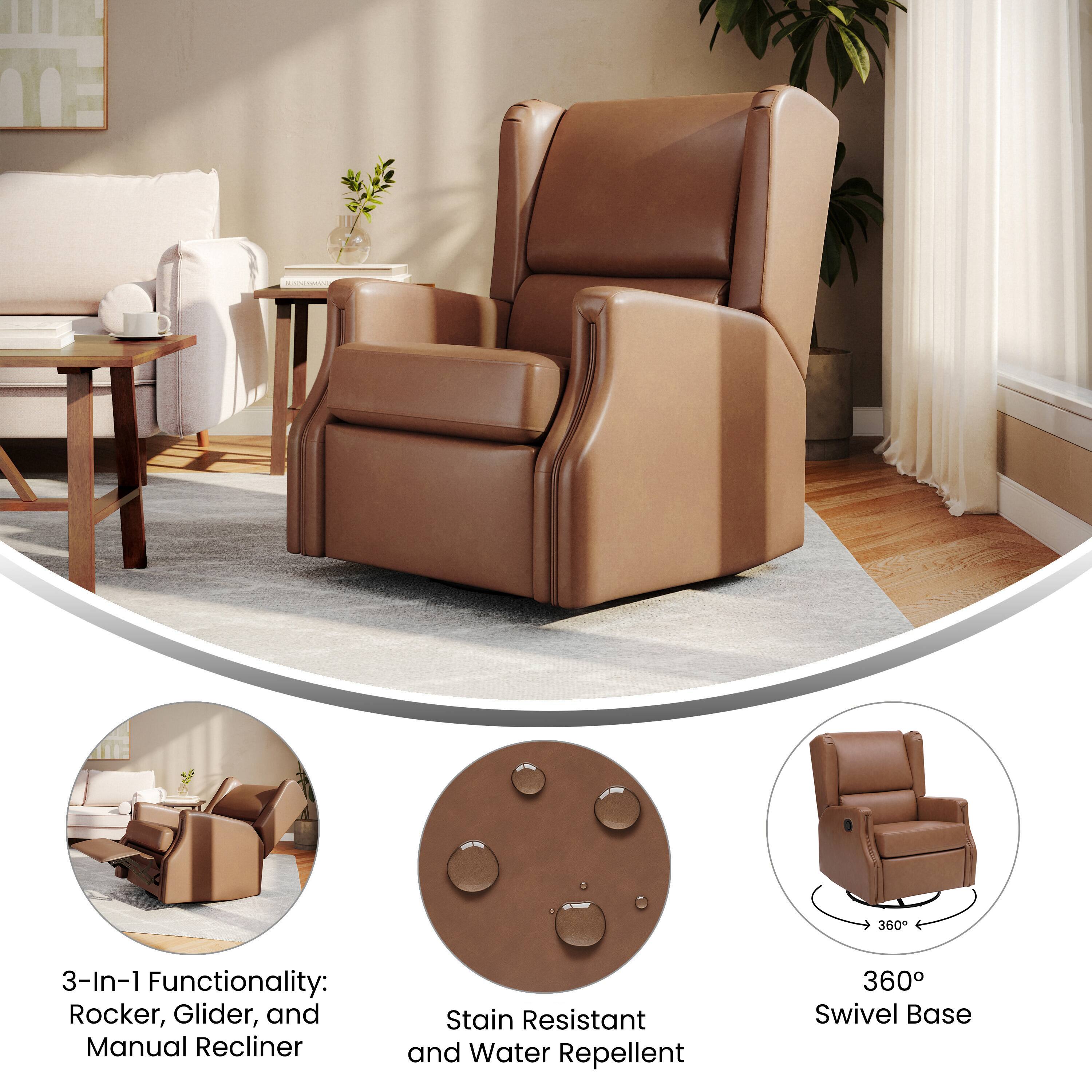 360° Swivel Base

3-In-1 Functionality: Rocker, Glider, and Manual Recliner

Stain Resistant and Water Repellent