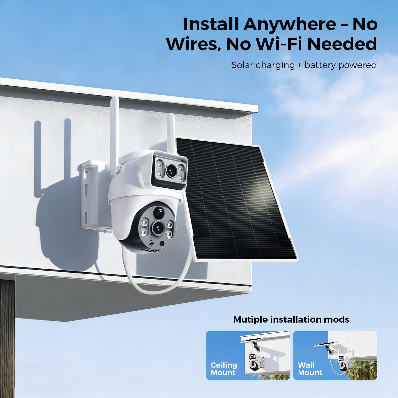 Miro BP09 4G Solar Security Camera, Dual Lens PTZ Linkage, AI