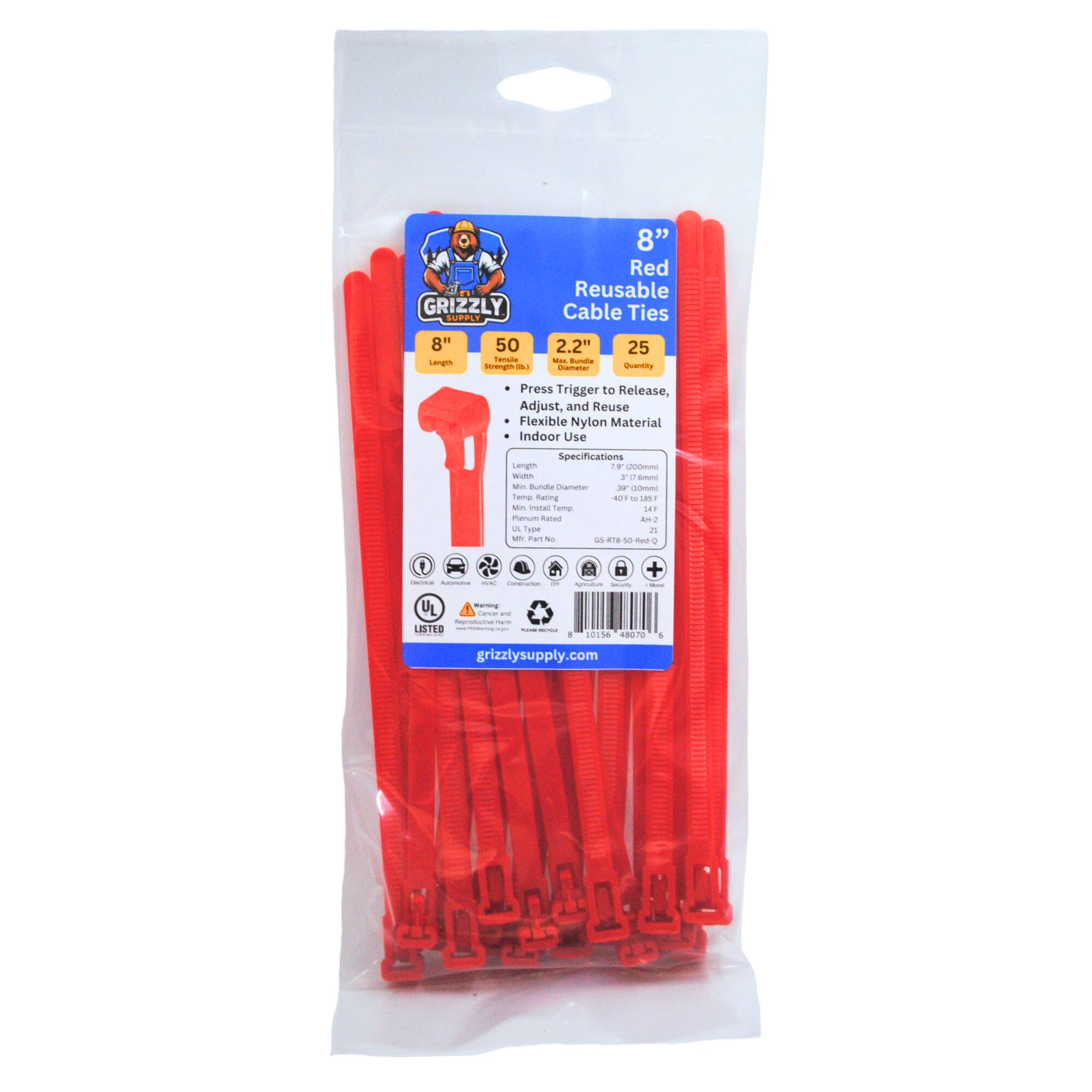 GRIZZLY SUPPLY 8" Red Reusable Cable Ties 8" L 50 tenane - - 2.2" - - - 25 Semry Press Trigger to Release, Adjust, and Reuse Flexible Nylon Material Indoor Use Specifications sergn 9 UNMUN RUen - a Smu - Bunde mamater - SOm Tamas Ruring 401 - 18ST M a Feman .4. tanum Sn -  Tume i M tan - -.. 25 se no  : -   - +  -  ane  LISTED : -  10114 80  grizzlysupply.com 4