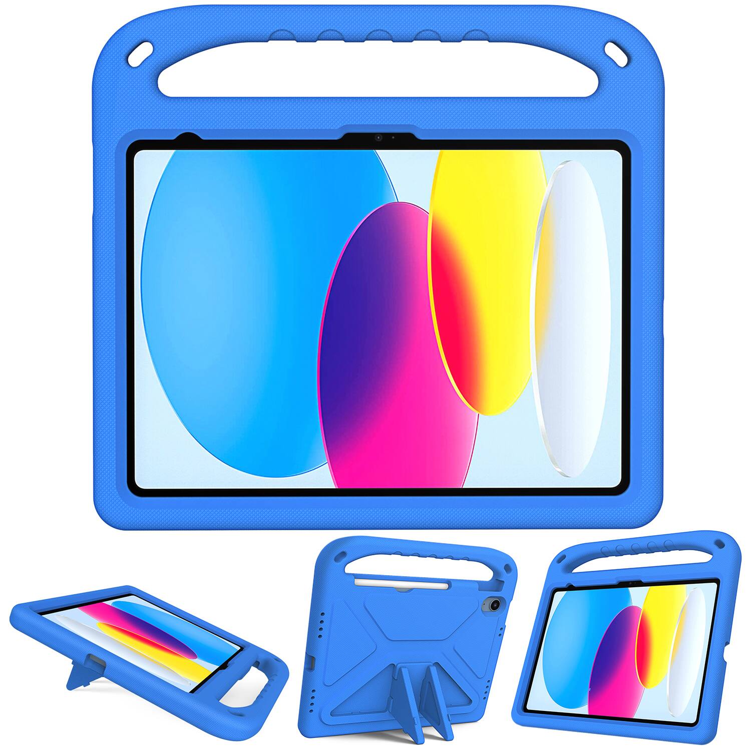 Angle. Dteck - For Apple iPad (A16) 11" 2025/iPad 10th 2022 Rugged Case Kids Friendly EVA Handle Grip Pencil Holder Kickstand Cover - Blue.