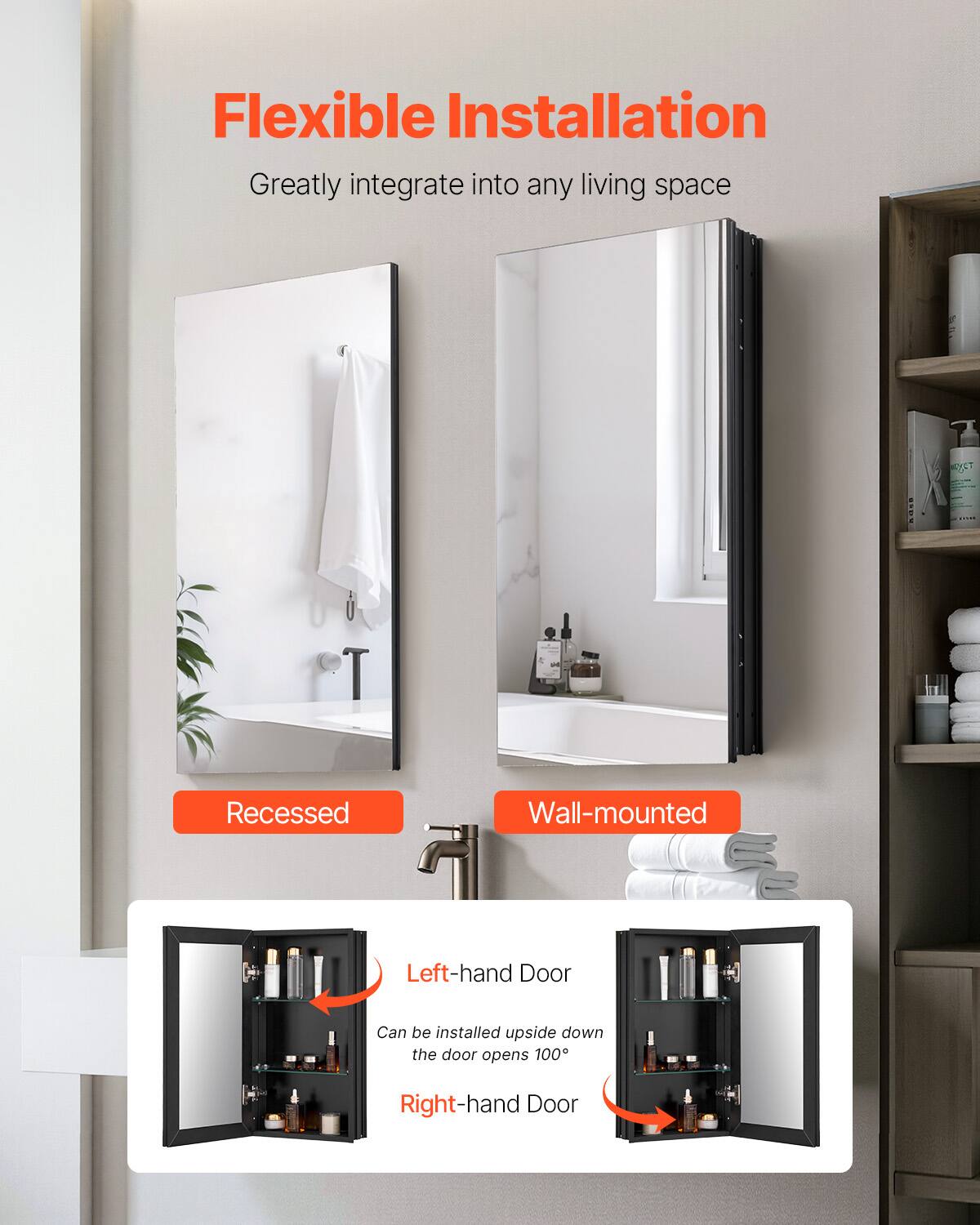 Flexible Installation  
Greatly integrate into any living space  

Recessed  
Wall-mounted  

Left-hand Door  
Can be installed upside down the door opens 100°  

Right-hand Door