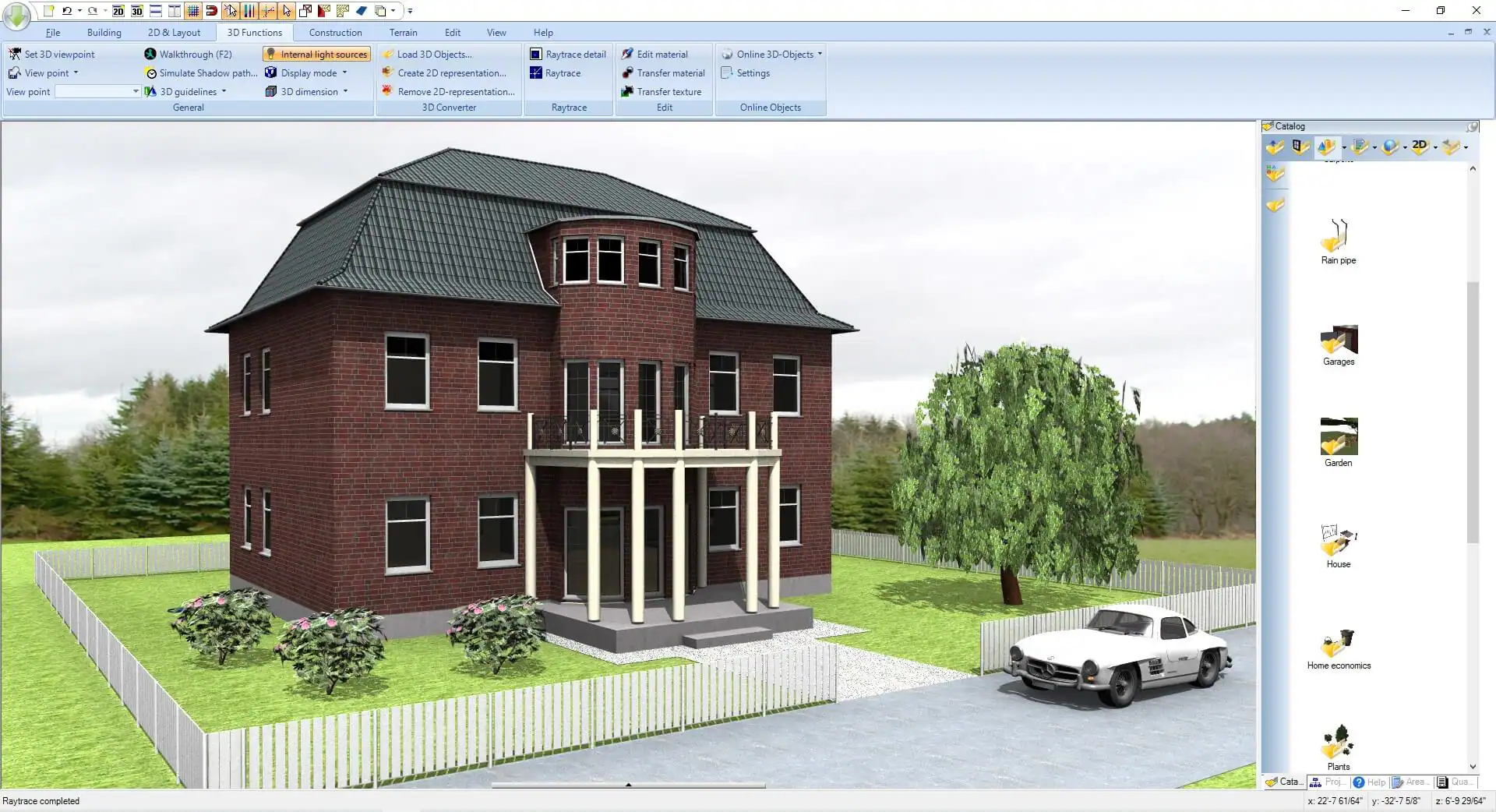 2D J 2 x Eile Building Set  
3D viewpoint  
View point  
View point  
2D & Layout  
3D Functions  
Construction  
Walkthrough (F2)  
internal light sources  
Simulate Shadow path...  
3 Display mode  
ID guidelines  
ID dimension  
General  
Terrain  
Edit  
View  
Help  
Load 3D Objects...  
Raytrace detail  
Create 2D representation..  
Raytrace  
Remove 2D-representation...  
3D Converter  
Raytrace  
Idit imaterial  
Transfer material  
Transfer texture  
Edit  
Online 3D-Objects  
Settings  
Online Objects Catalog  
x 2D  
Rain pipe  
Garages  
Garden  
House  
Home ebonomice  
Cata  
Plants  
Pres  
Help  
Area  
1 Que  
Raytrace completed  
x 22-761/64"  
Y -37-758  
2 6-929/64