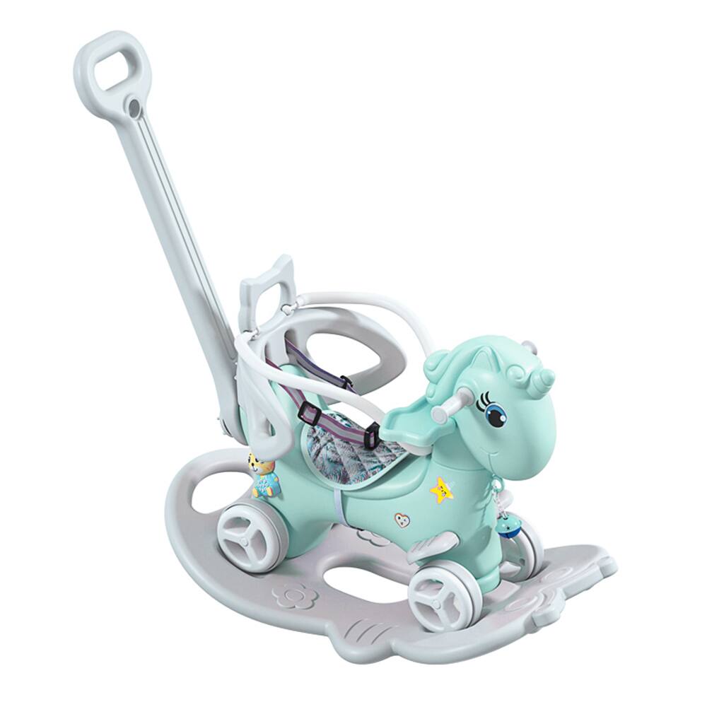 Angle. Siljoy - Blue Unicorn Rocking Horse Ride‑On, 4‑in‑1 Toy with Push Handle & Balance Board, for Toddlers 1‑3 Years - Blue.