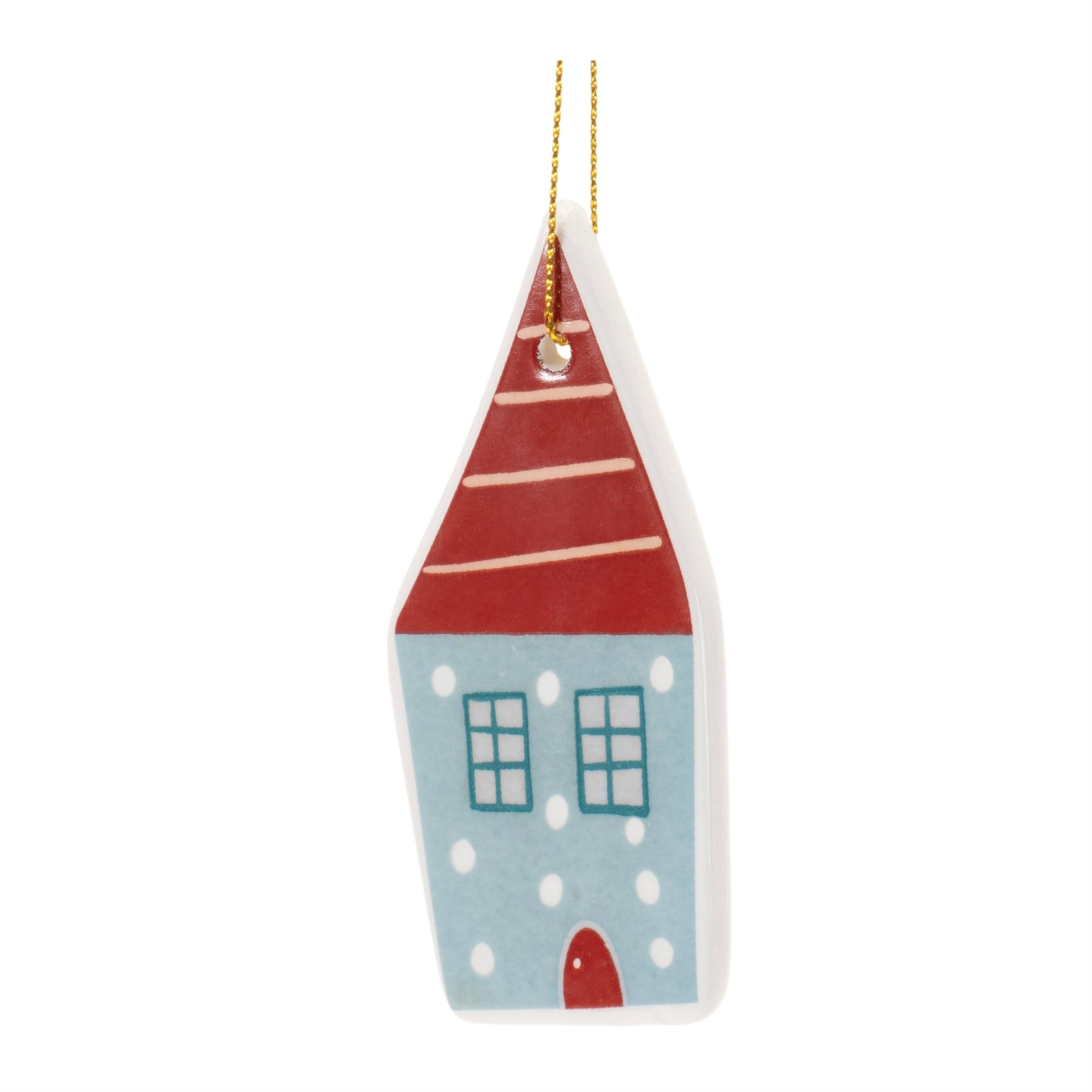 Alt View 2. BreeBe - Ceramic Winter House Ornament (Set of 12) - White, Red, Green.