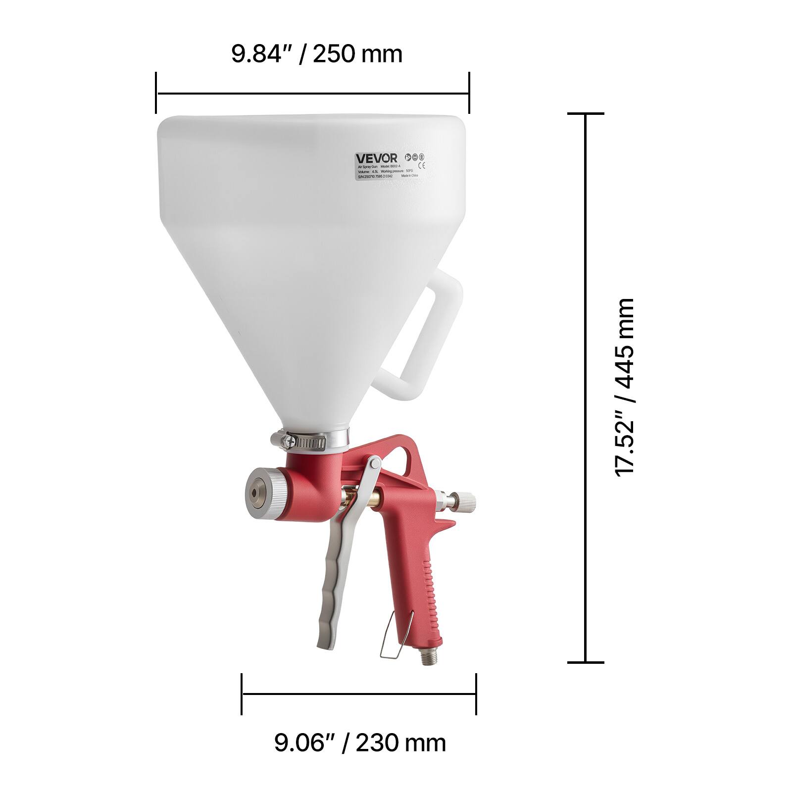 9.84" / 250 mm  
17.52" / 445 mm  
9.06" / 230 mm  

VEVOR 20 - CE