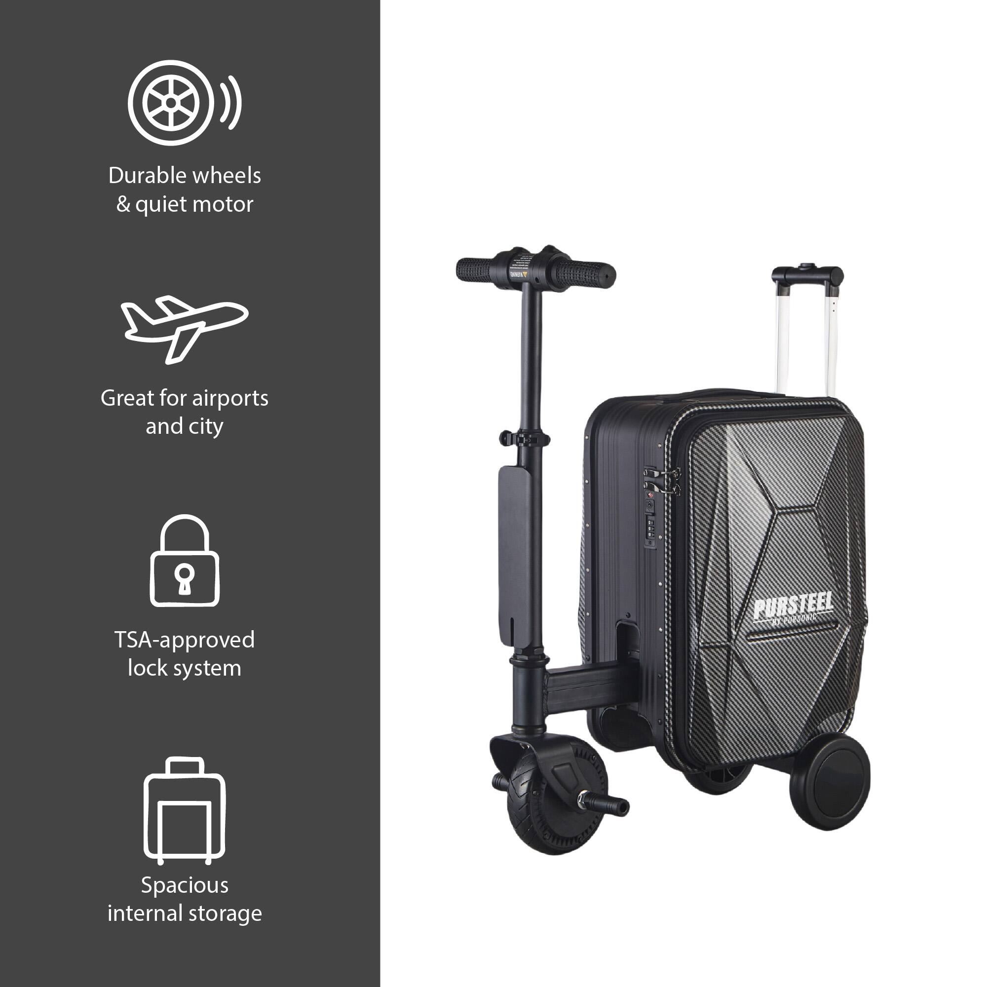 Durable wheels & quiet motor, Great for airports and city, TSA-approved lock system, Spacious internal storage