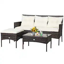 Costway - 3PCS Patio Rattan Furniture Set 3-Seat Sofa Cushioned Table Garden - Off White