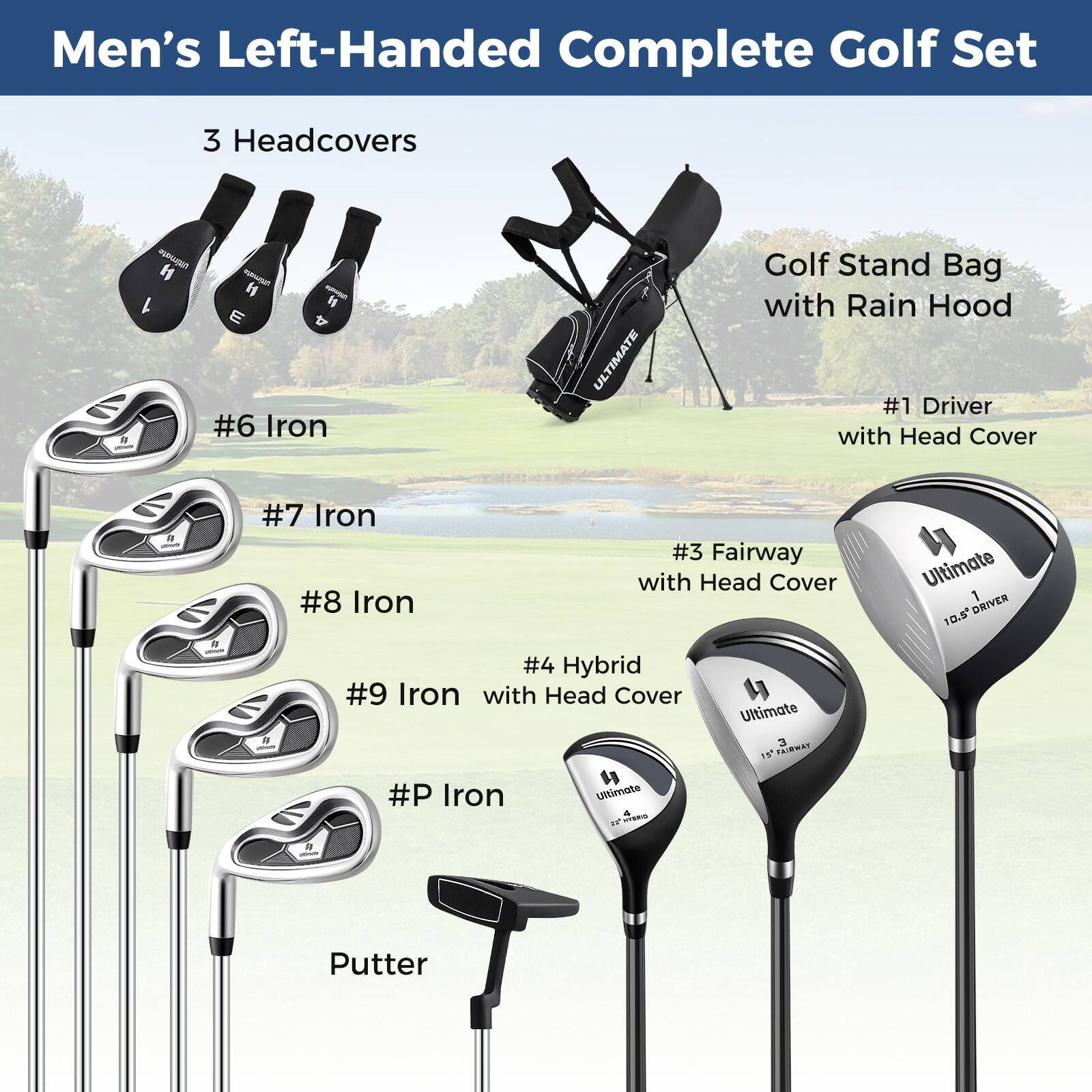 Men's Left-Handed Complete Golf Set

- 3 Headcovers
- #6 Iron
- #7 Iron
- #8 Iron
- #9 Iron with Head Cover
- #P Iron
- Putter
- #1 Driver with Head Cover
- #3 Fairway with Head Cover
- 4 Hybrid with Head Cover
- Golf Stand Bag with Rain Hood

Ultimate 10.5° DRIVER