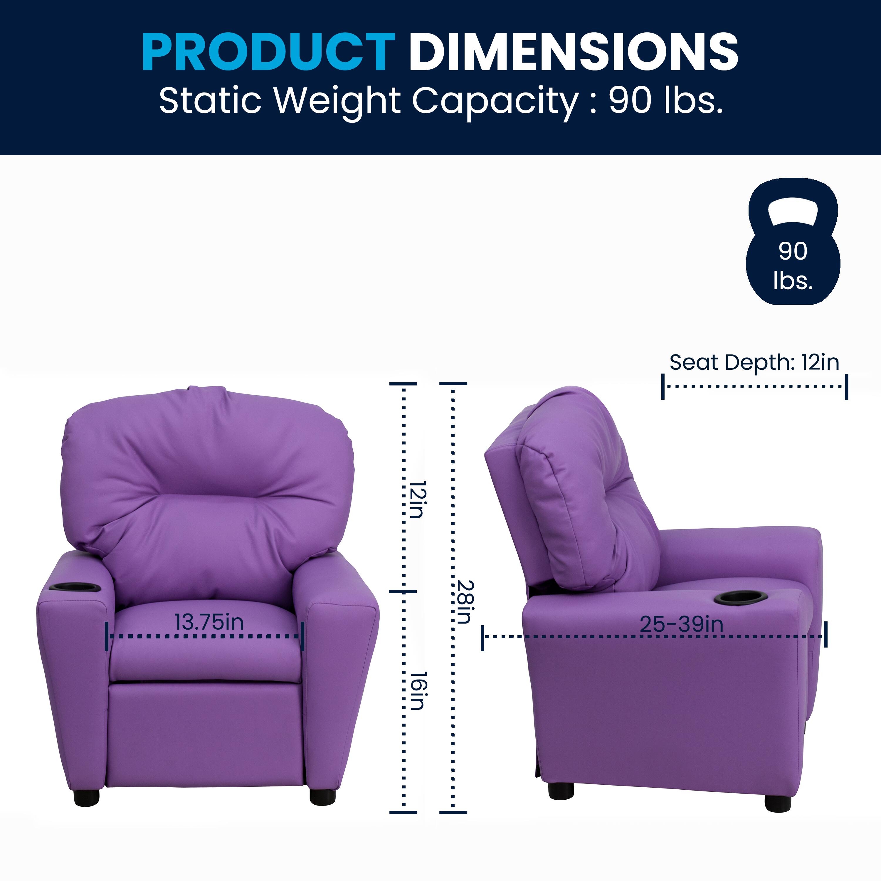 PRODUCT DIMENSIONS  
Static Weight Capacity: 90 lbs.  
Seat Depth: 12in  
Seat Width: 13.75in  
Seat Height: 16in  
Back Height: 28in  
Overall Width: 25-39in