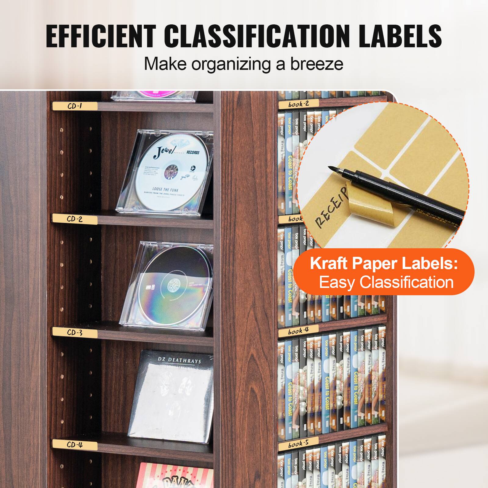 EFFICIENT CLASSIFICATION LABELS  
Make organizing a breeze  

CD-1  
CD-2  
CD-3  
CD-4  

Kraft Paper Labels:  
Easy Classification  

RECEIPT  

book 2  
book 3  
book 4  
book 5