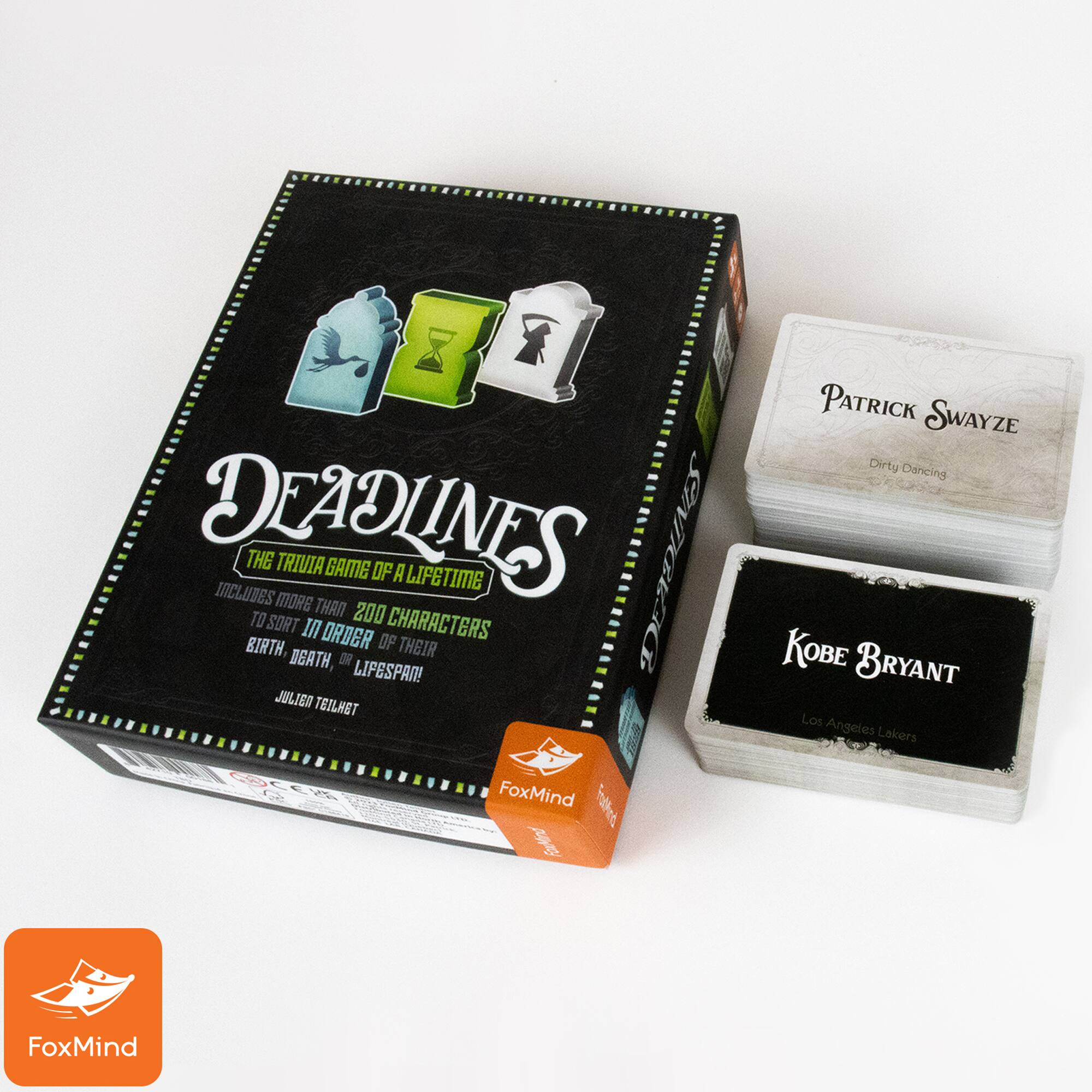 DEADLINES: THE TERRIFYING GAME OF LIFETIME DECISION TO SORT 200 CHARACTERS IN ORDER OF THEIR BIRTH OR LIFESPAN! JUXTAPOSED TRIVIA AND GAMEPLAY! FoxMind PATRICK SWAYZE Dirty Dancing KOBE BRYANT Los Angeles Lakers FoxMind