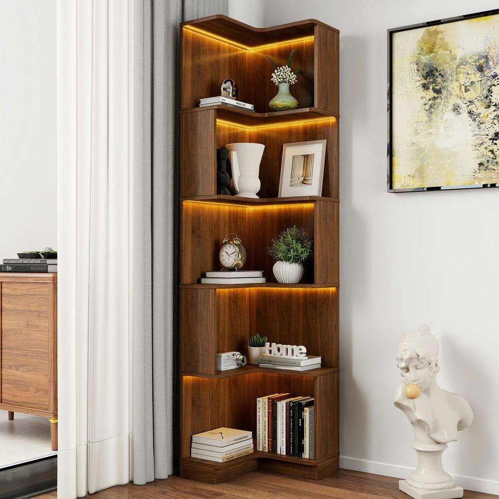 Alt View 7. Kadyn - Corner Book Shelf - 5 Tier Corner Bookcase with Baffle, Freestanding L Shaped Display Shelf Stand for Office, Brown - Brown.