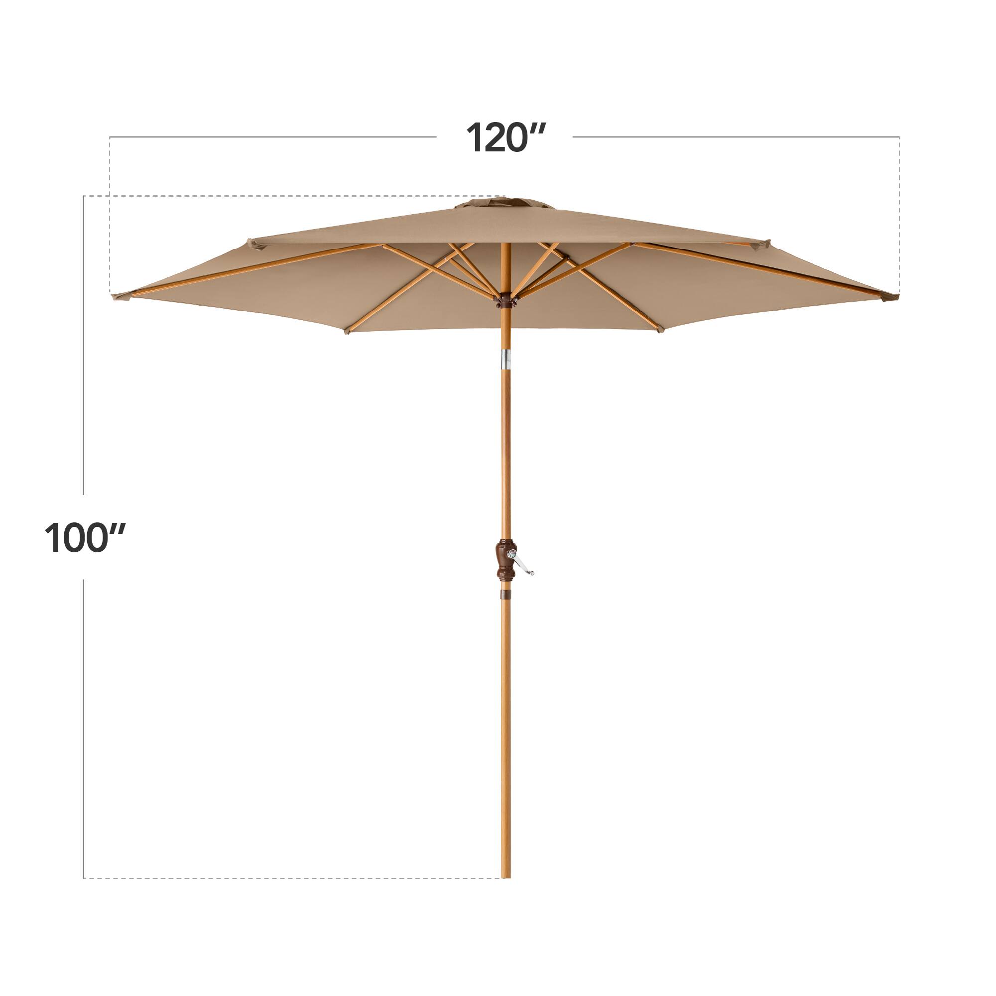 The dimensions of the umbrella are:

- Diameter: 120 inches
- Height: 100 inches