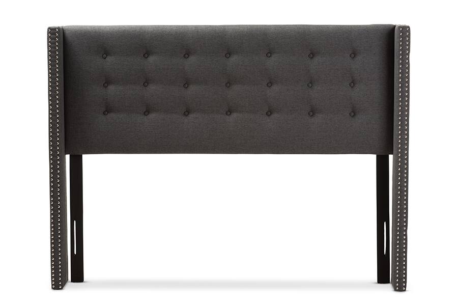 Angle. Baxton Studio - Ginaro Modern And Contemporary Fabric Button-Tufted Nail head Queen Size Winged Headboard - Dark Grey.
