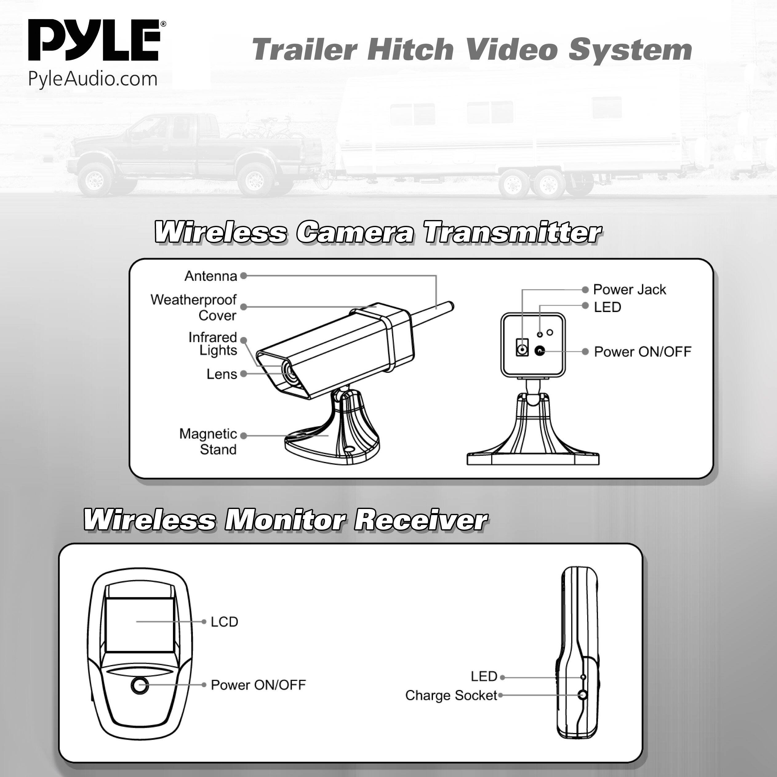 PYLE PyleAudio.com Trailer Hitch Video System Wireless Camera Transmitter Antenna Weatherproof Cover Infrared Lights Lens Power Jack LED Power ON/OFF Magnetic Stand Wireless Monitor Receiver LCD Power ON/OFF LED Charge Socket