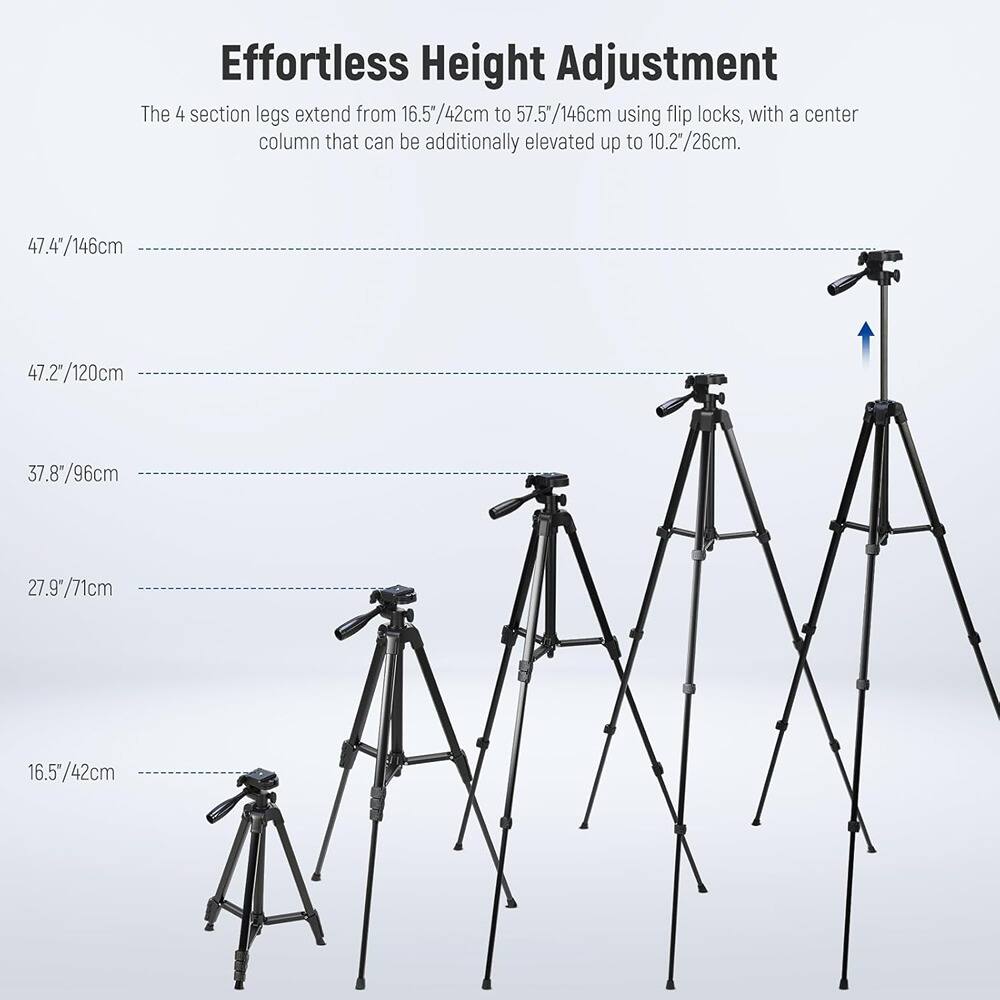 Effortless Height Adjustment

The 4 section legs extend from 16.5"/42cm to 57.5"/146cm using flip locks, with a center column that can be additionally elevated up to 10.2"/26cm.

- 47.4"/146cm
- 47.2"/120cm
- 37.8"/96cm
- 27.9"/71cm
- 16.5"/42cm