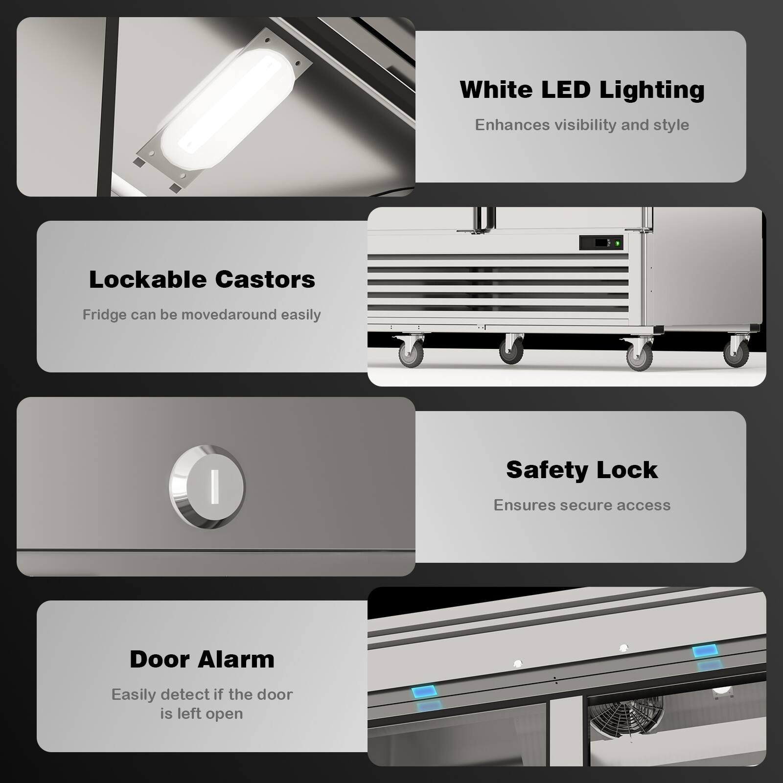 - White LED Lighting  
  Enhances visibility and style

- Lockable Castors  
  Fridge can be moved around easily

- Safety Lock  
  Ensures secure access

- Door Alarm  
  Easily detect if the door is left open