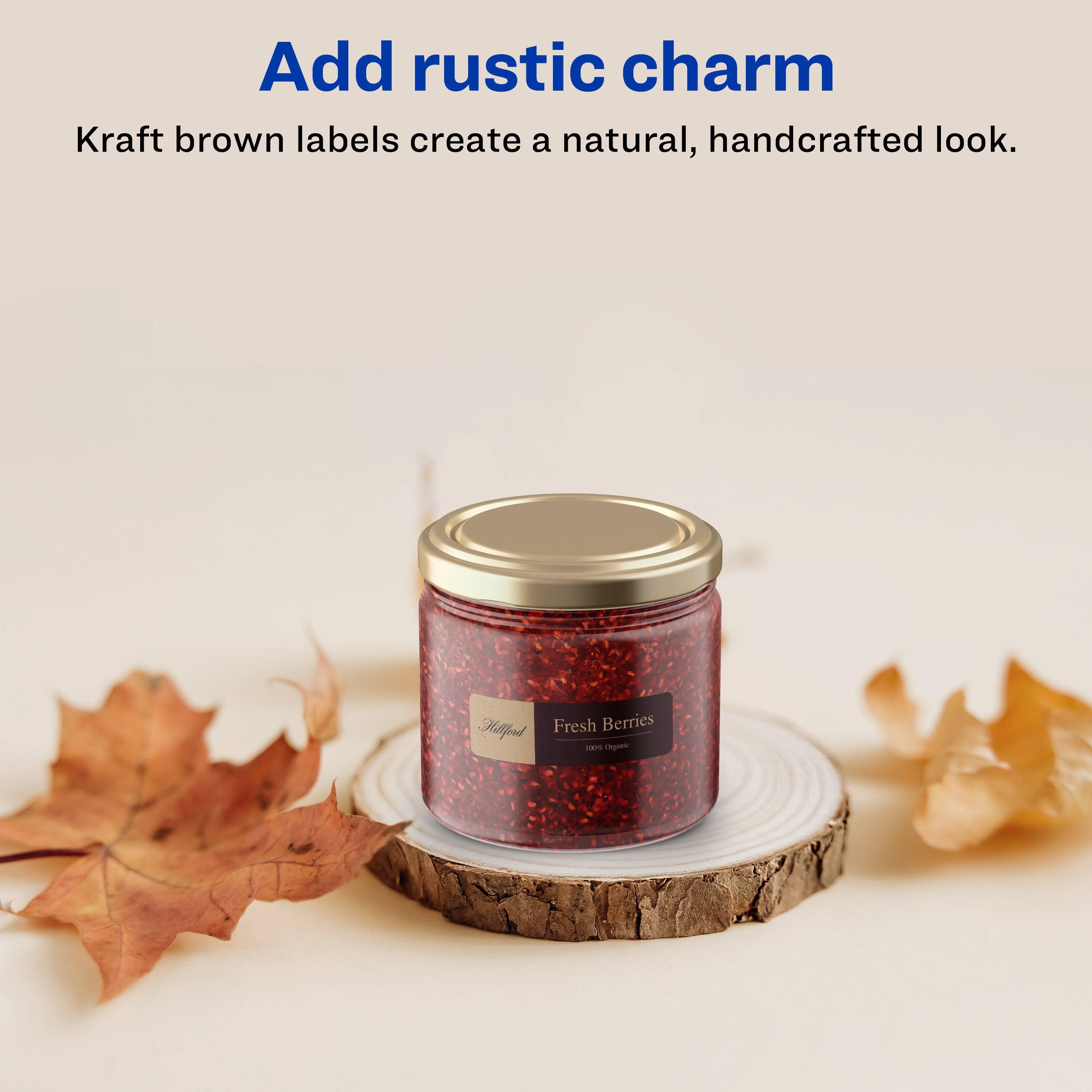 Add rustic charm  
Kraft brown labels create a natural, handcrafted look.  

Hilltop  
Fresh Berries - Ogseic