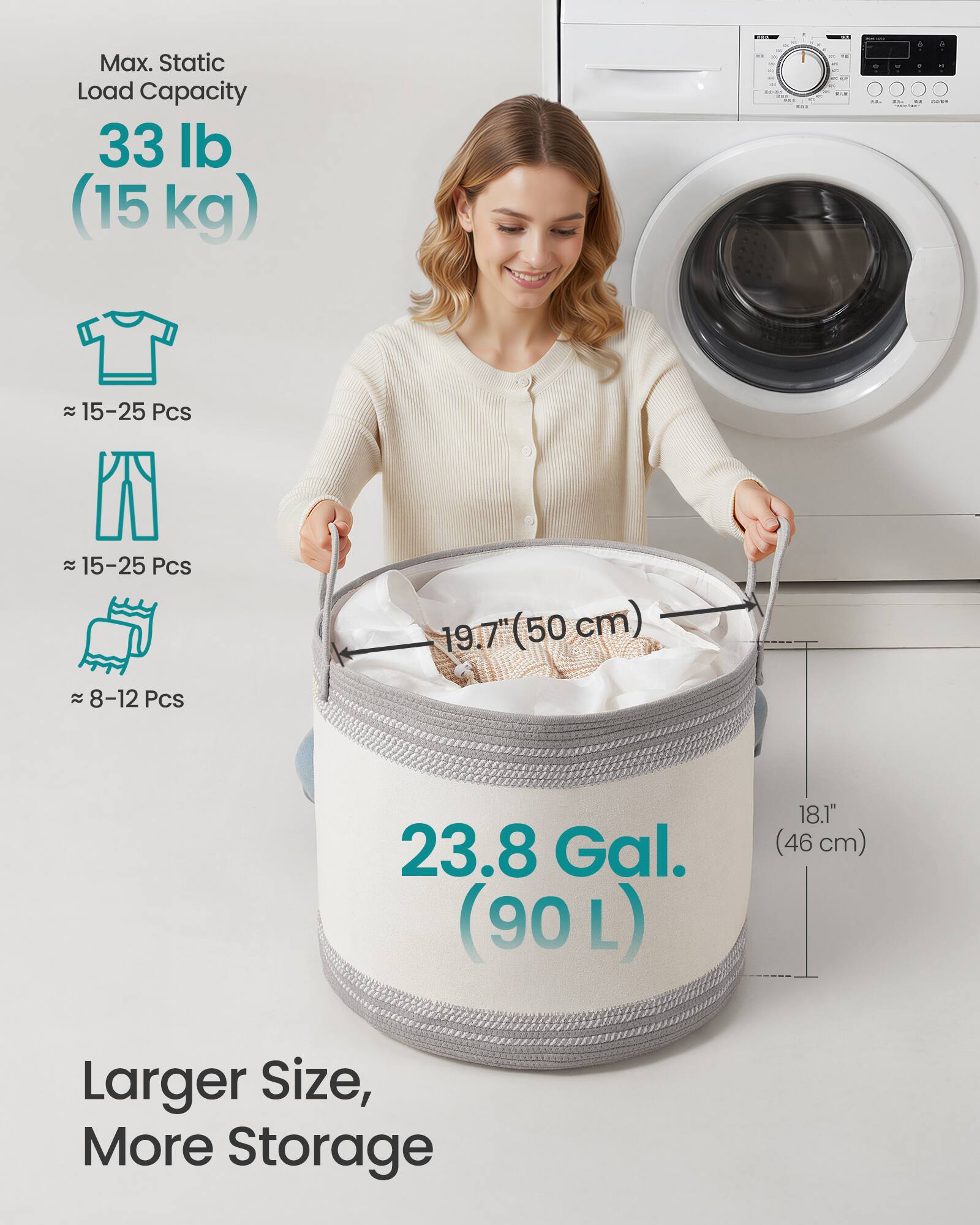 Max. Static Load Capacity  
33 lb (15 kg)  

≈ 15-25 Pcs  
≈ 15-25 Pcs  
≈ 8-12 Pcs  

19.7" (50 cm)  

23.8 Gal. (90 L)  

Larger Size, More Storage  

18.1" (46 cm)
