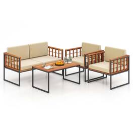 Costway - 4 PCS Acacia Wood Outdoor Sofa Set with Heavy Duty Metal Frame Soft Seat - Beige,Natural, Black
