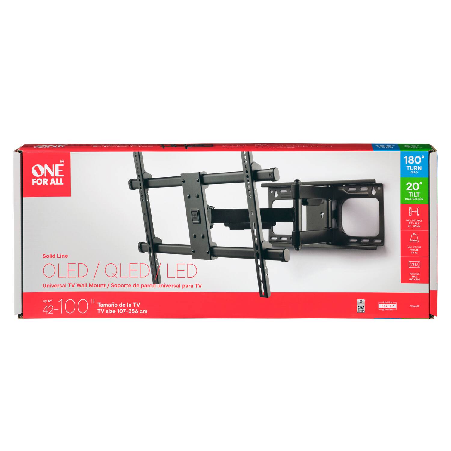 Sure, here is the corrected and grouped text from the image:

---

**ONE FOR ALL**

**Solid Line OLED / QLED / LED**

**Universal TV Wall Mount / Soporte de pared universal para TV**

**up to 100"**  
**TV size 42-100"**  
**Tamaño de la TV 107-256 cm**

**180° TURN**  
**20° TILT**

**10 TV AR**

**VEKA**  
**VESA 100x100 / 75x75**

---

This text is organized to reflect the product details and specifications as seen on the packaging.