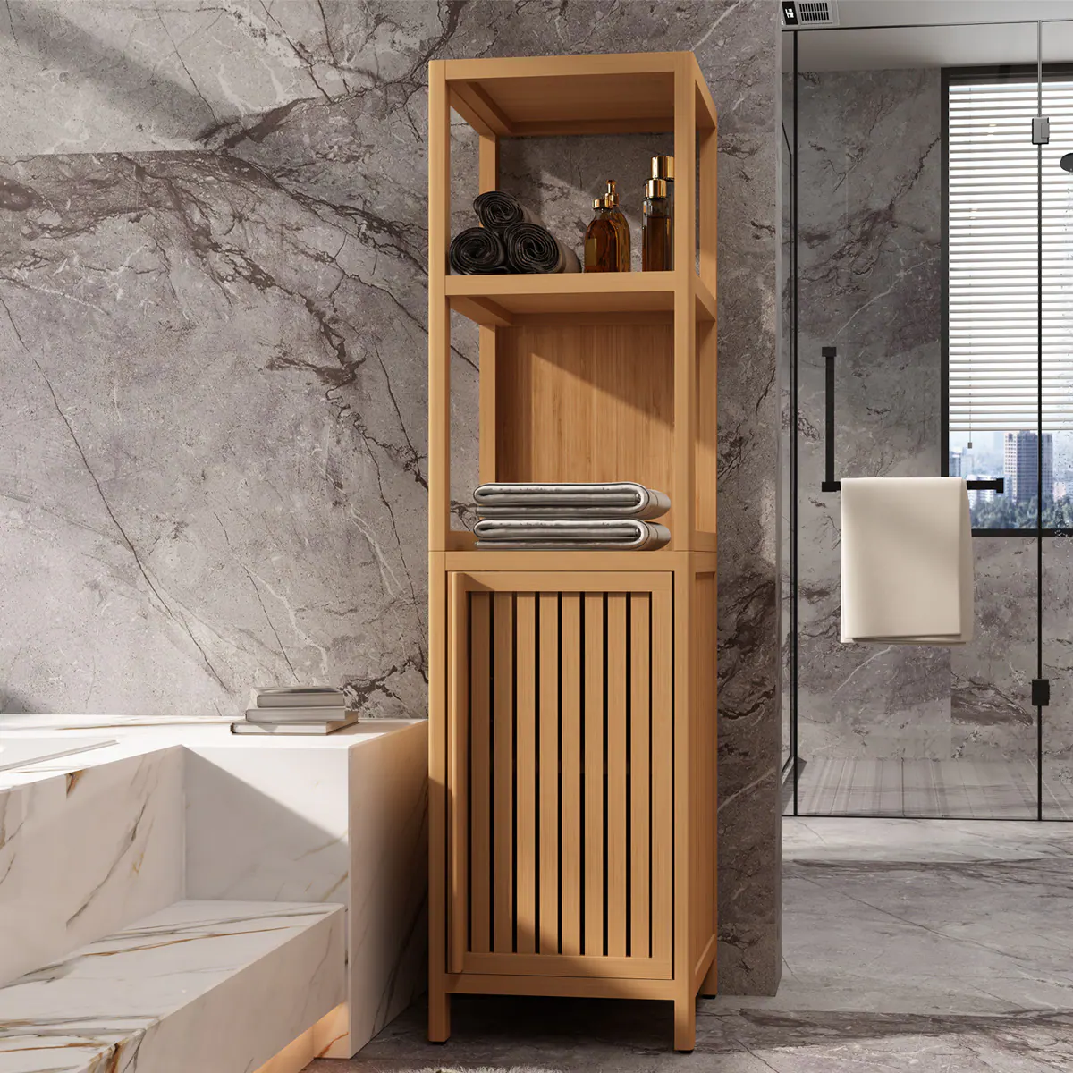 Front. TinyHomie - Large capacity multifunctional bamboo storage cabinet furniture for bathroom and living room - Natural.