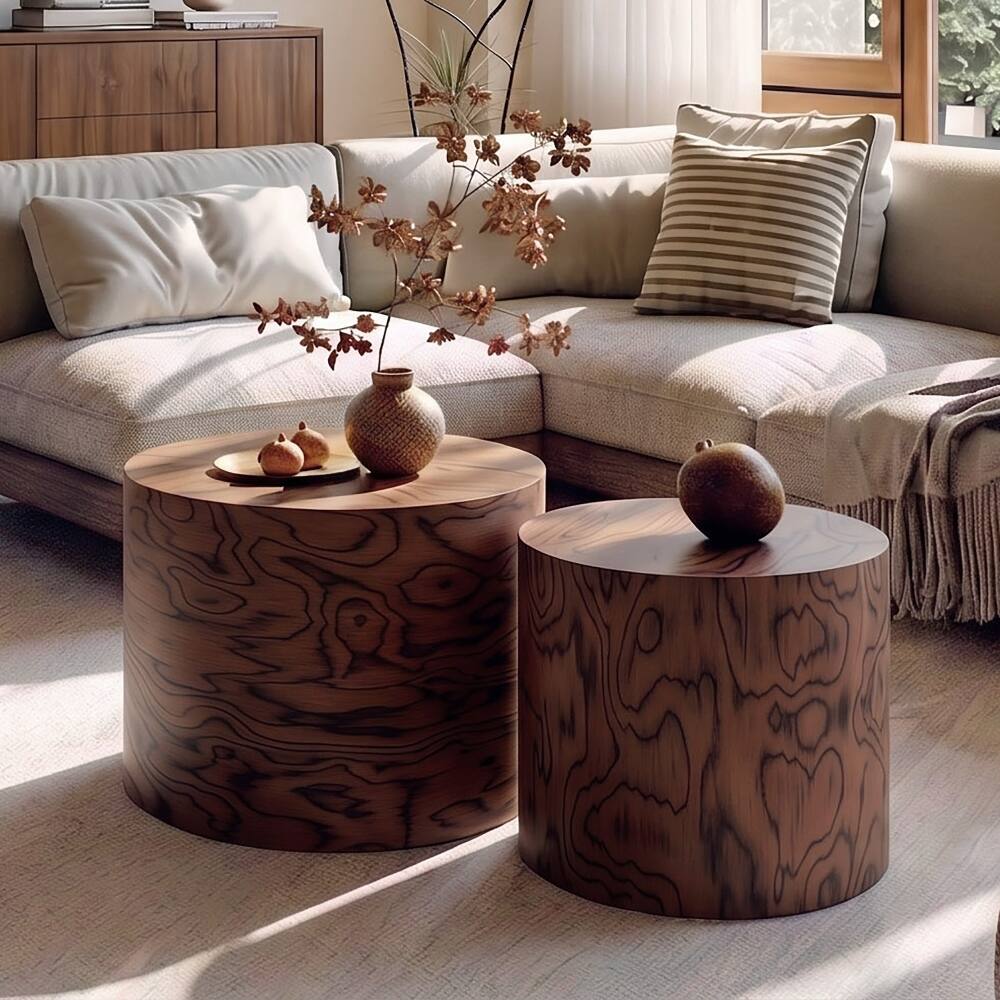 Alt View 1. Loheer - Loheer 2-Piece Nesting Round Coffee Table Set Tree Stump Drum Accent Side Table No Assembly Brown Pommele - Brown.