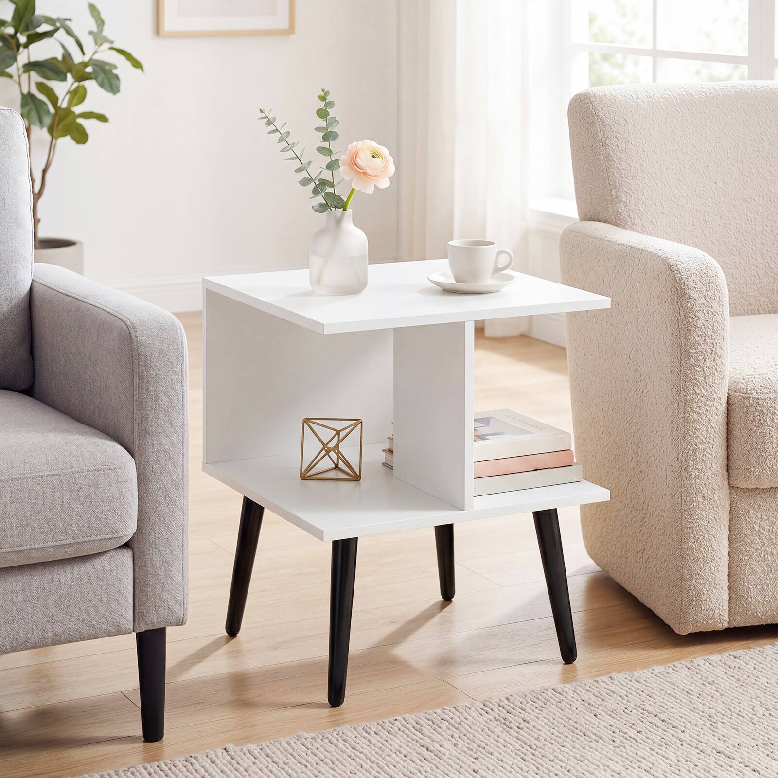 Alt View 1. Costway - Costway 2 PCS End Table, 2-Tier Modern Bedside Table with 2 Compartments & Raised Metal Legs - White + Black.