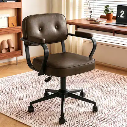 Front. KERDOM - Compact Home Office Chair with Arms, Rolling Swivel Simple Computer Chair for Short People, PU Leather Small Desk Chair - Brown.