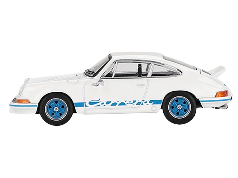 Angle. Mini GT - Porsche 911 Carrera RS 2.7 Grand Prix White with Blue Stripes and Wheels Limited Edition to 4800 pieces Worldwide 1/64 - White with Blue.