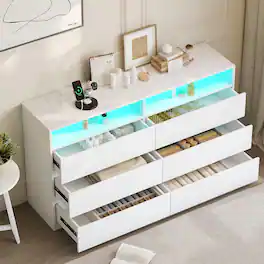 Vipbear - 6 Drawer Double Dresser with Power Outlet, Accent Chests of Drawers with LED Light, Storage, Charging Station - White