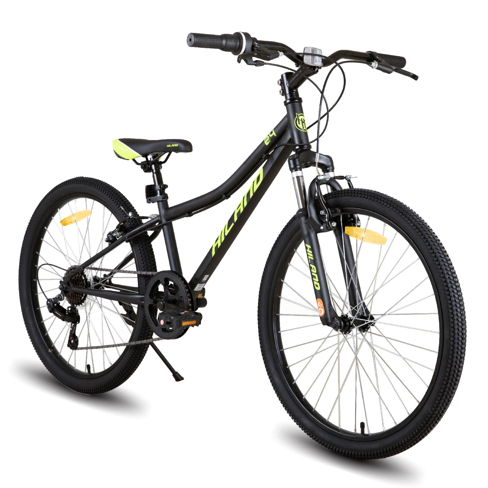 HILAND - 24 Inch Mountain Bike for Boy Girl with Suspension Fork, 7-Speed Kids' MTB Bicycle - Black