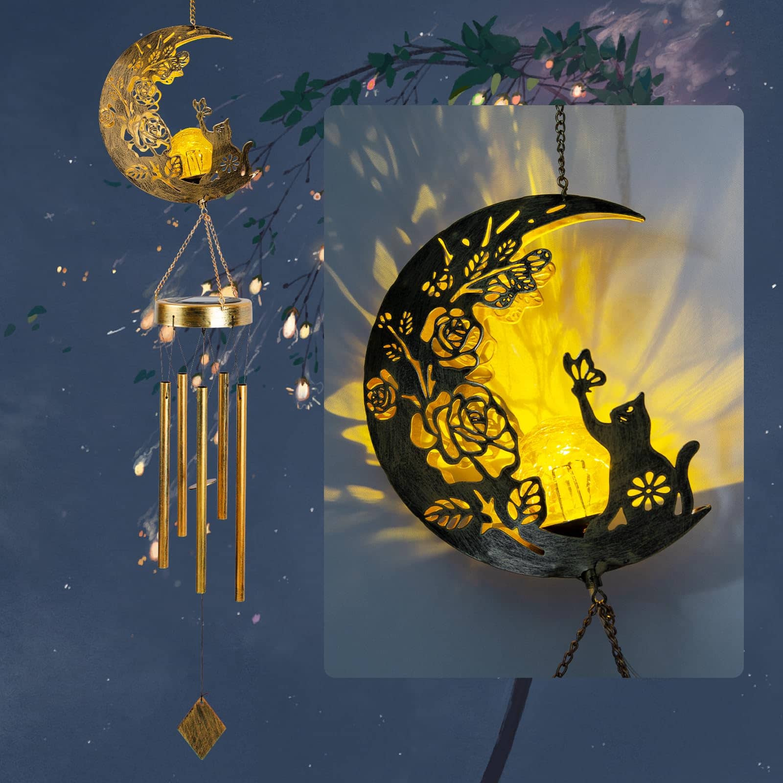 Fabibe - Solar Wind Chimes Moon Fairy Hanging Outdoor Decor Crackle Glass Ball Warm Memorial Light Patio Lawn Yard Gardening - Moon Cat
