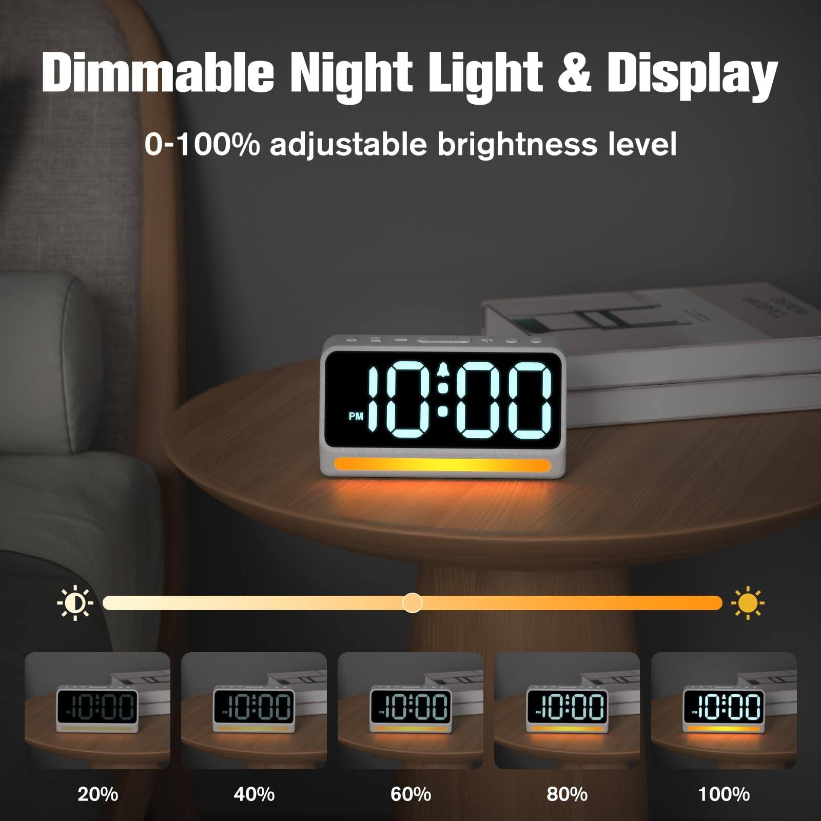 Dimmable Night Light & Display  
0-100% adjustable brightness level