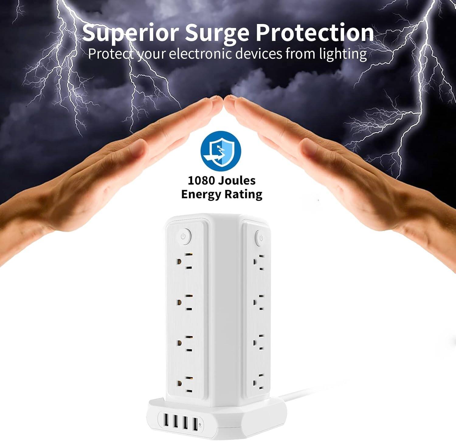 Superior Surge Protection  
Protect your electronic devices from lightning  

1080 Joules Energy Rating