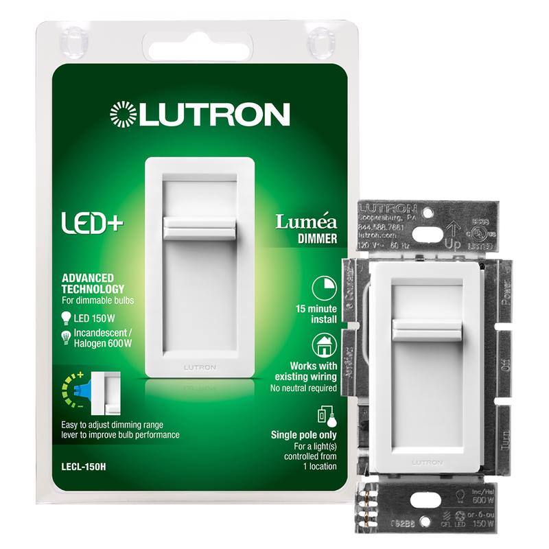 LUTRON LED+  
LUTRON  
Concord, PA  
Lumea  
844.588.7881  
ntoh.com  

DIMMER  
120 VAC  
50 Hz  
Up 1  

ADVANCED TECHNOLOGY  
For dimmable bulbs  
LED 150W  
Incandescent/ Halogen 600W  

LUTRON  
NEN  
Easy to adjust dimming range lever to improve bulb performance  
LECL-150H  

15 minute install  
Works with existing wiring  
No neutral required  
Single pole only  
For a light(s) controlled from 1 location  

LUTRON  
Turn Inc/Hal 500  
92 or-6-ou  
CFL/LED 150 W