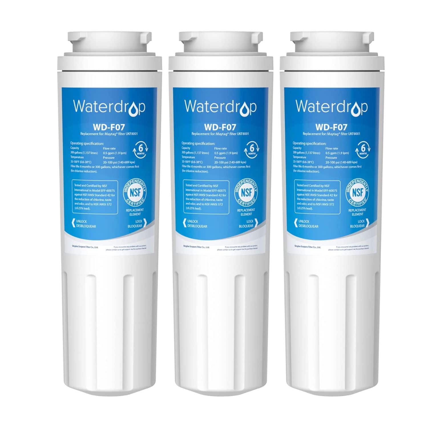 Waterdrop  
WD-F07  
Replacement for Maytag Filter UFR8001  

Operating specification:  
Flow rate: 1.8 gpm  
Temperature: 39°F - 100°F (4°C - 38°C)  
Pressure: 40 psi (276 kPa)  
Certified by NSF International in Model #42 for chlorine, taste and odor reduction.  
Certified by NSF International in Model #401 for lead reduction.  
Certified by NSF International in Model #42 for chlorine, taste and odor reduction.  
Certified by NSF International in Model #401 for lead reduction.  
Certified by NSF International in Model #42 for chlorine, taste and odor reduction.  
Certified by NSF International in Model #401 for lead reduction.  
Certified by NSF International in Model #42 for chlorine, taste and odor reduction.  
Certified by NSF International in Model #401 for lead reduction.  
Certified by NSF International in Model #42 for chlorine, taste and odor reduction.  
Certified by NSF International in Model #401 for lead reduction.  
Certified by NSF International in Model #42 for chlorine, taste and odor reduction.  
Certified by NSF International in Model #401 for lead reduction.  
Certified by NSF International in Model #42 for chlorine, taste and odor reduction.  
Certified by NSF International in Model #401 for lead reduction.  
Certified by NSF International in Model #42 for chlorine, taste and odor reduction.  
Certified by NSF International in Model #401 for lead reduction.  
Certified by NSF International in Model #42 for chlorine, taste and odor reduction.  
Certified by NSF International in Model #401 for lead reduction.  
Certified by NSF International in Model #42 for chlorine, taste and odor reduction.  
Certified by NSF International in Model #401 for lead reduction.  
Certified by NSF International in Model #42 for chlorine, taste and odor reduction.  
Certified by NSF International in Model #401 for lead reduction.  
Certified by NSF International in Model #42 for chlorine, taste and odor reduction.  
Certified by NSF International in Model #401 for lead reduction.  
Certified by NSF International in Model #42 for chlorine, taste and odor reduction.  
Certified by