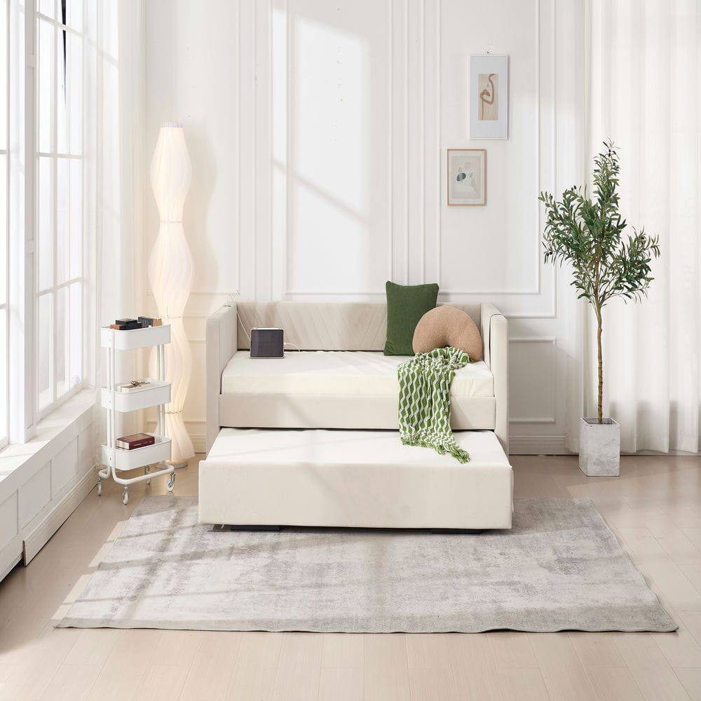 Back. Kadyn - Twin Upholstered Daybed with Trundle, USB Port & Side Pockets, Modern V-Grain Backrest, No Box Spring - Beige.