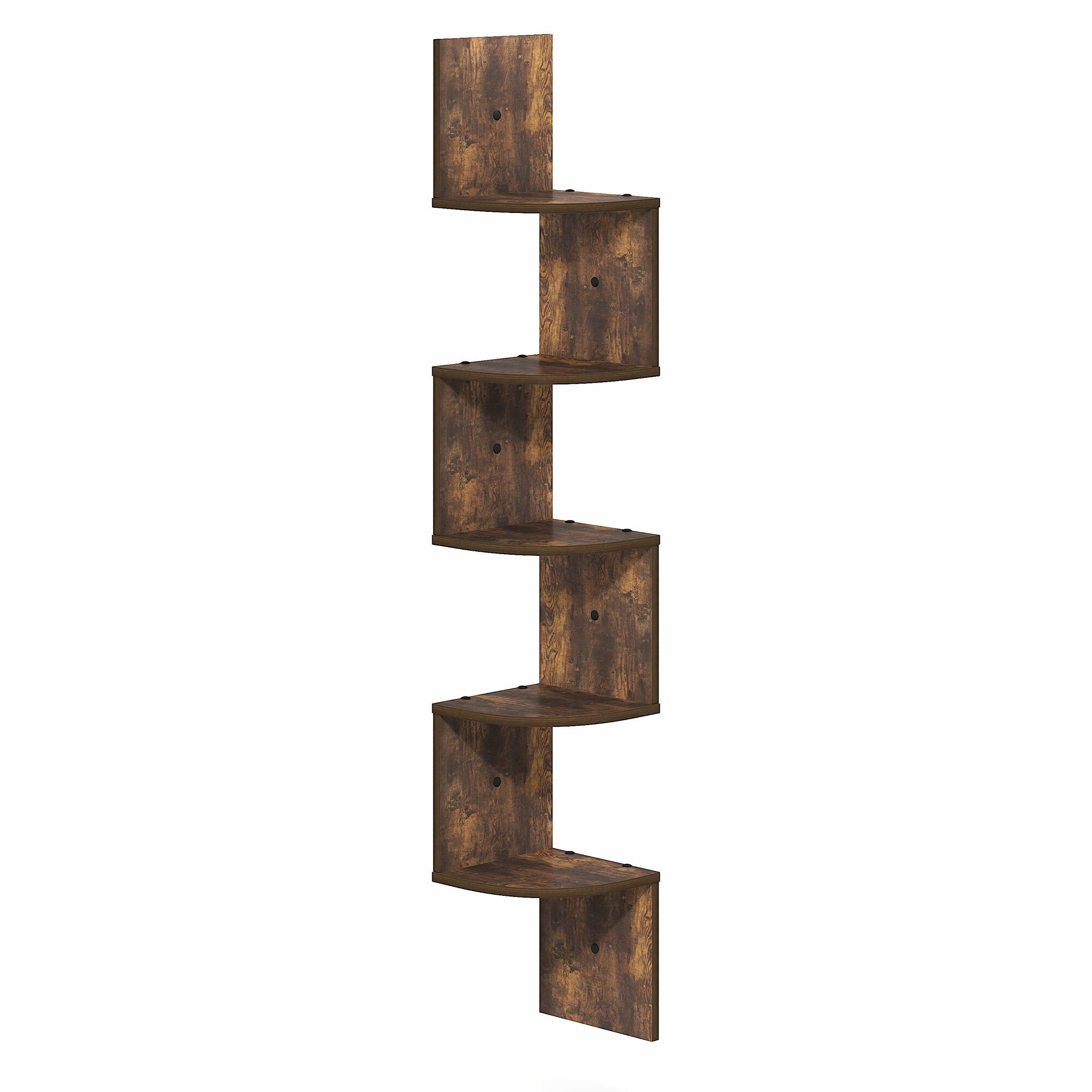 Alt View 4. Furinno - ROSSI Floating Book Shelves for Wall, 5-Tier Zigzag Corner Shelf Wall Mounted, Radial Corner Floating Shelf - Amber Pine.