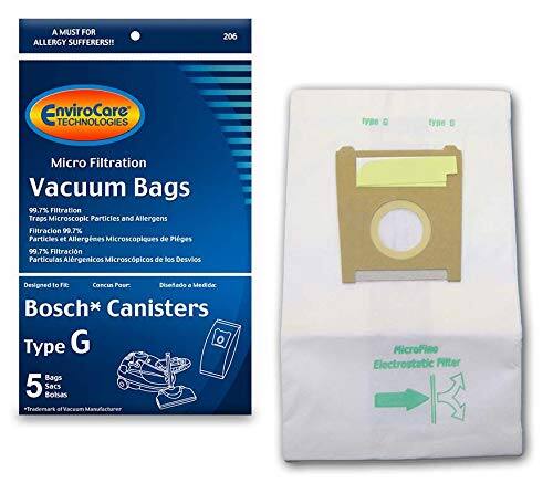A MUST FOR ALLERGY SUFFERERS!!  
206 EnviroCore TECHNOLOGIES Micro Filtration Vacuum Bags  
99.7% Filtration Traps Microscopic Particles and Allergens  
Filtración 99.7% Partículas y Alergénicos Microscópicos de Polvo  
Designed to Fit: Bosch* Canisters Type G Bags  
5 Sacs Bolsas MicroFino  
Electrostatic Filter