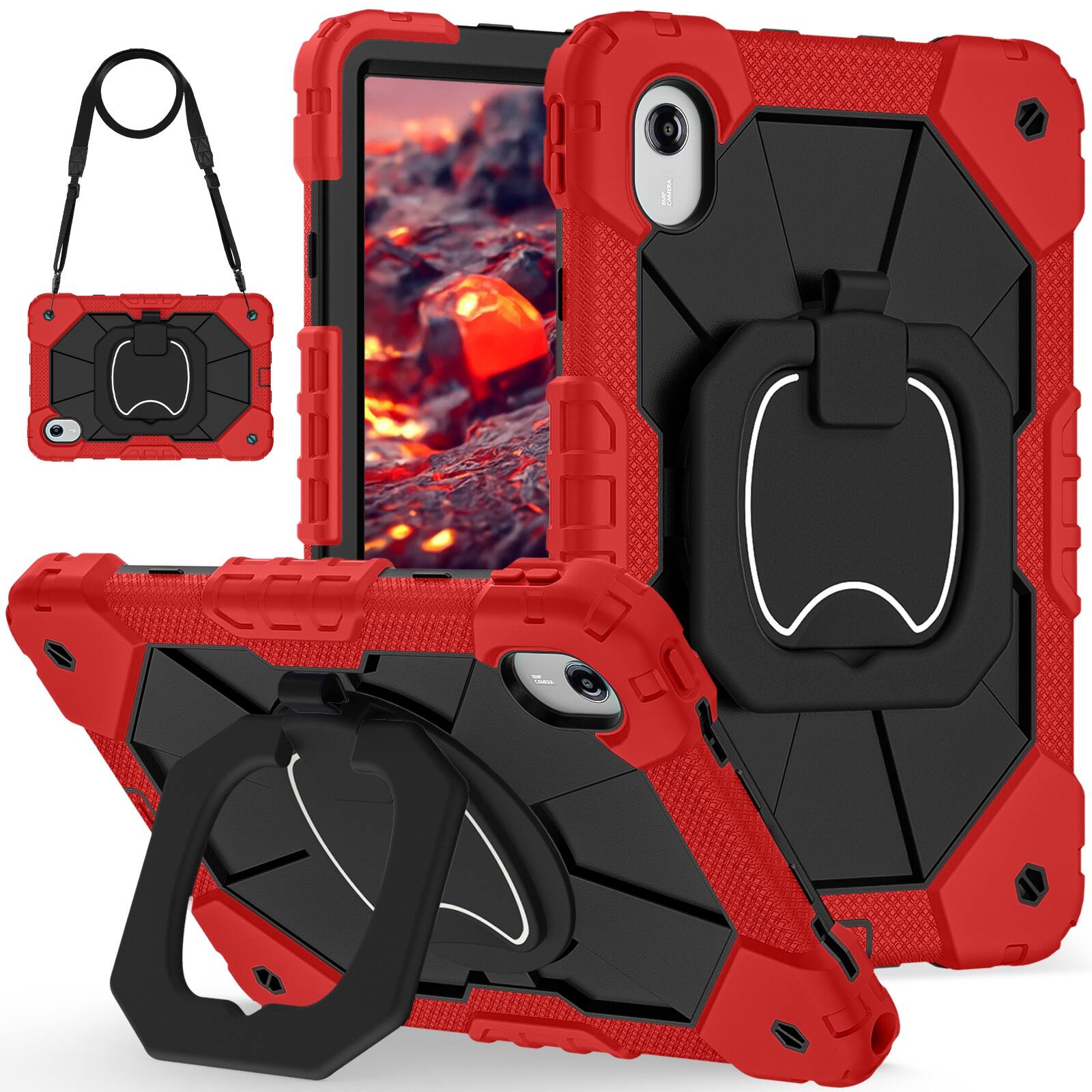 Front. UUCOVER - Shockproof Case for Lenovo Idea Tab 11 inch (TB336) 2025 /K11 Gen 2 360° Rotating Stand Hand Grip Cover+Shoulder Strap - Red+Black.
