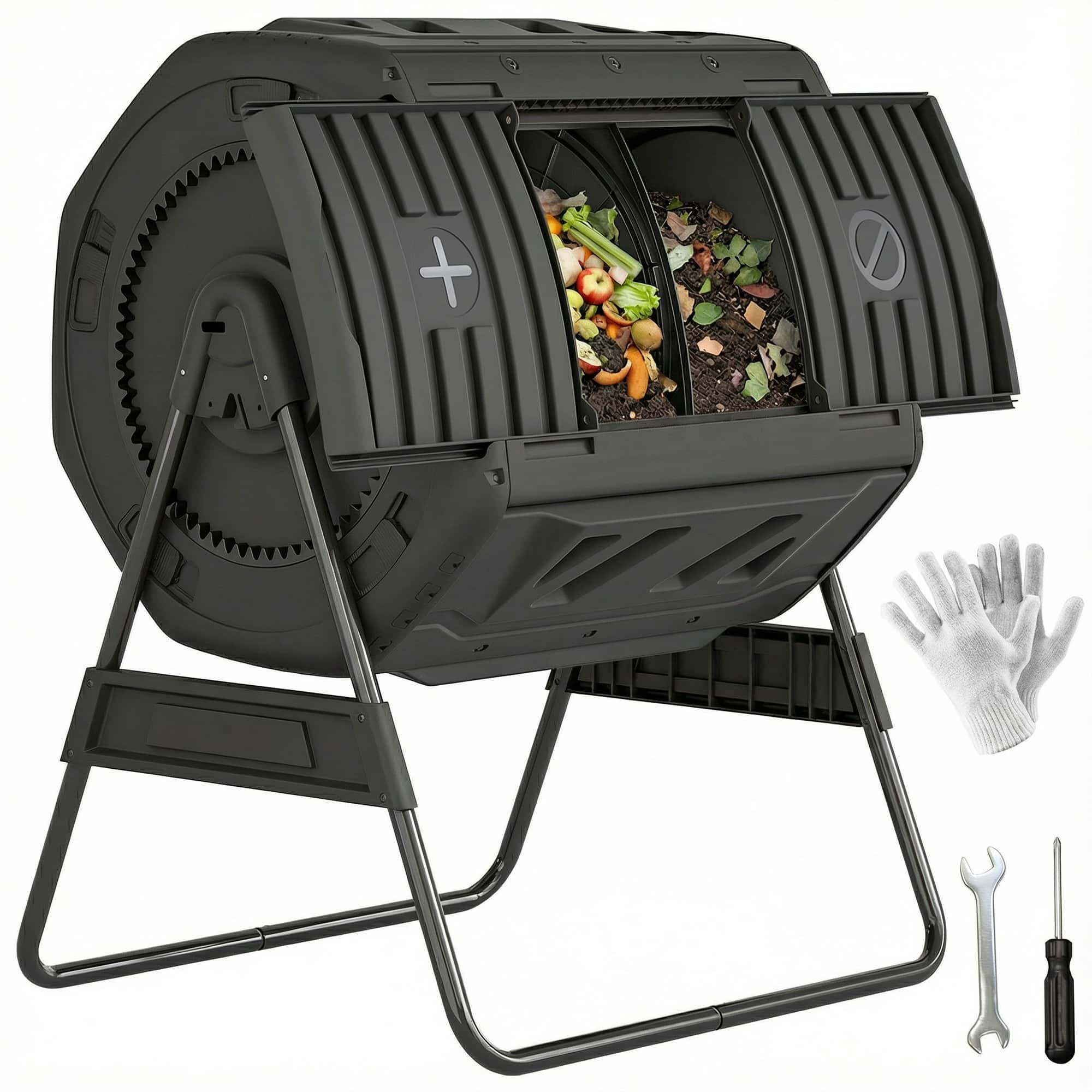 Outsunny - Compost Bin Outdoor, 53 Gal Dual Chamber Compost Tumbler with 8 Adjustable Vents