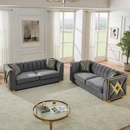 Anysun - 81" 3-Seat Velvet Chesterfield Sofa - Button Tufted, Gold Stainless Steel Accents, Includes 2 Pillows - Gray