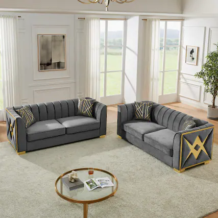 Front. Anysun - 81" 3-Seat Velvet Chesterfield Sofa - Button Tufted, Gold Stainless Steel Accents, Includes 2 Pillows - Gray.