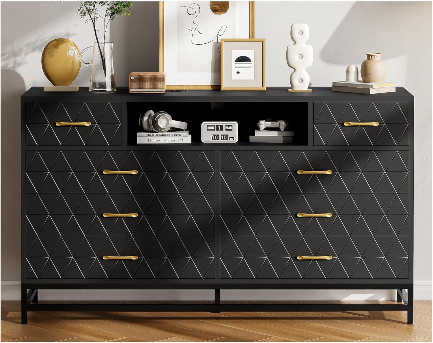 GARVEE - 8 Drawer Dresser for Bedroom, Gold Handle Wide TV Stand Cabinet with LED Lights, Solid Wood Storage for Living Room - Black